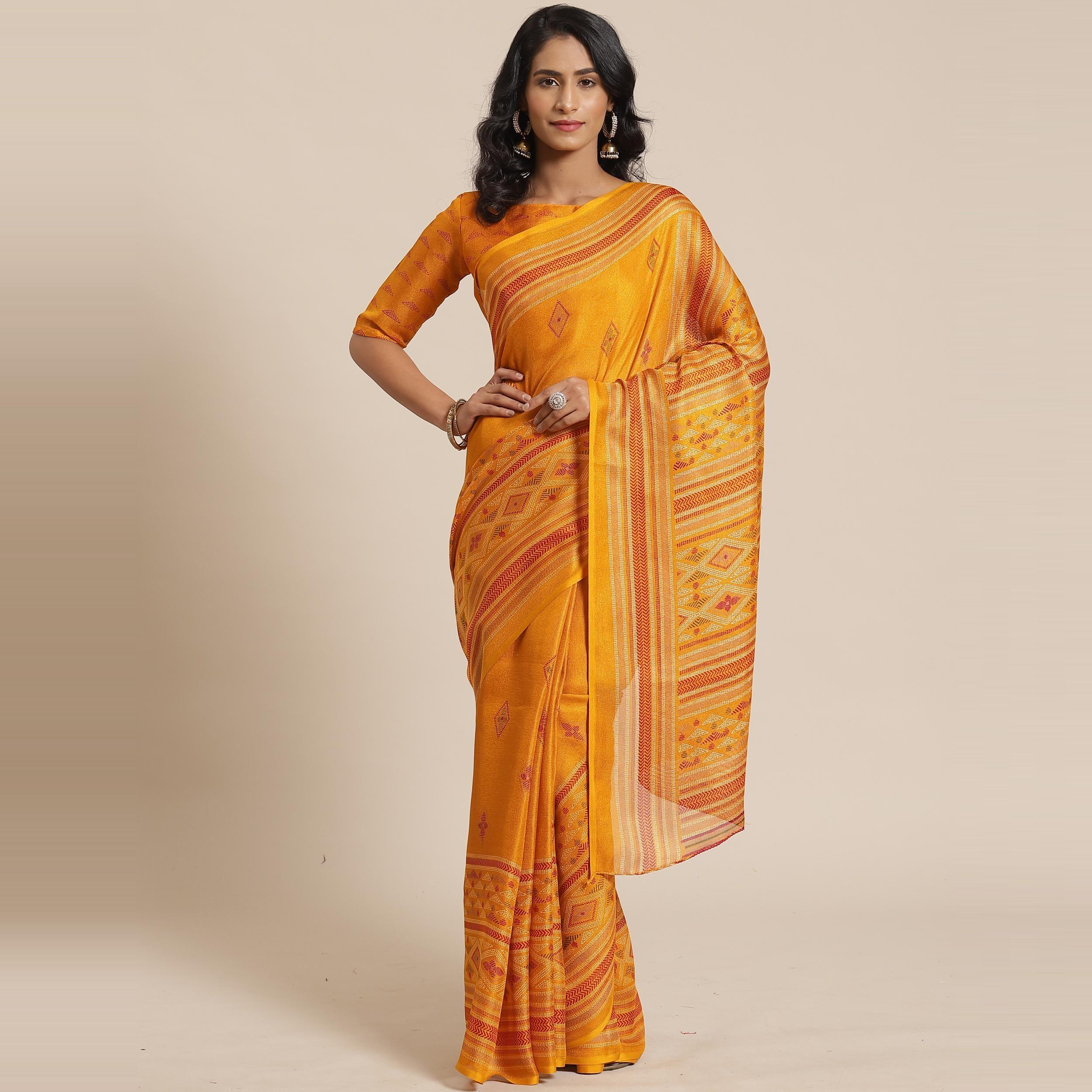 Peachmode Delightful Mustard Colored Casual Wear Printed Jute Silk Saree