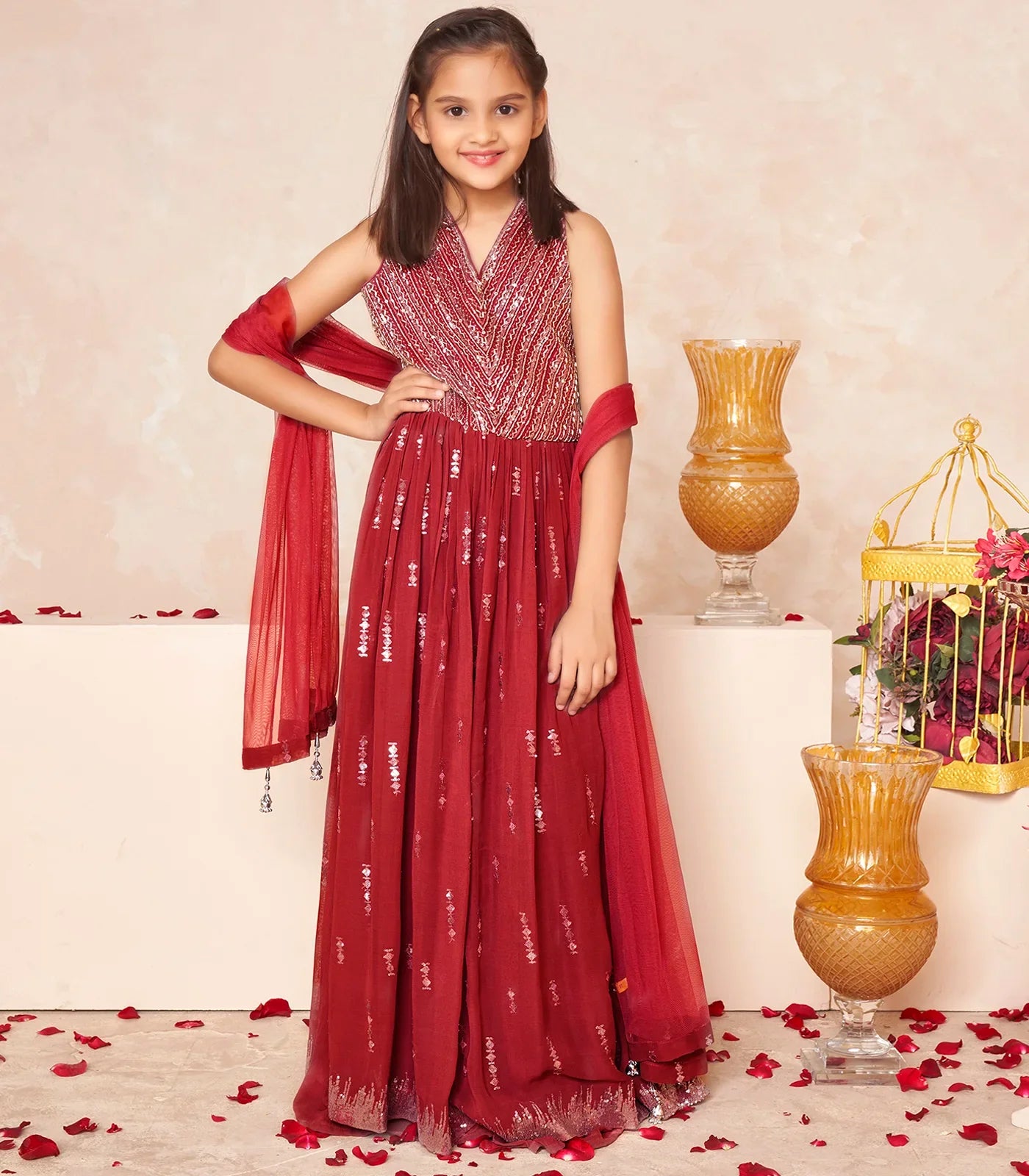 RmKV Crimson festive sequin embroidered ethnic dress set
