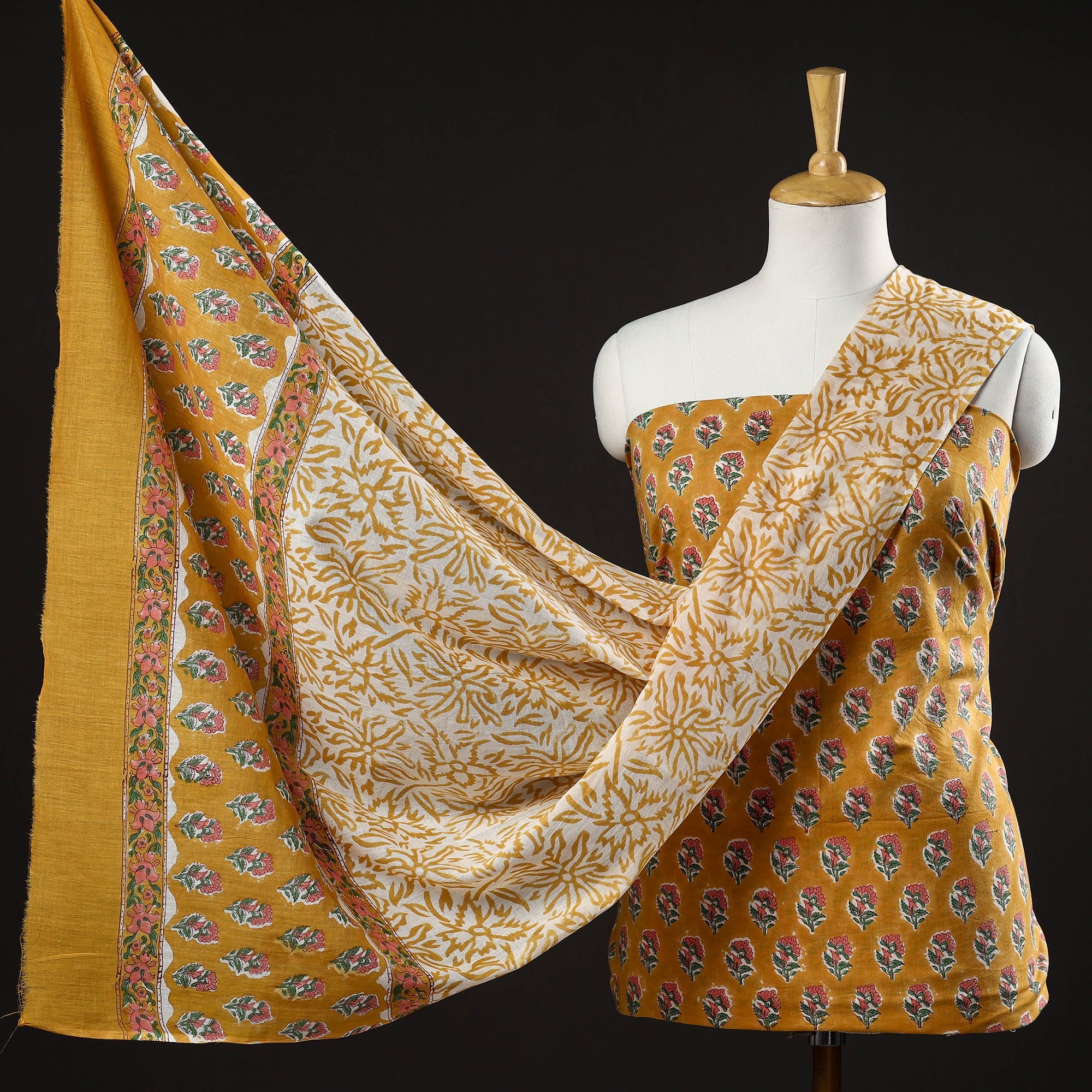 ARTISAN HAND BLOCK PRINTS Brown - 3pc Sanganeri Block Printed Cotton Suit Material Set