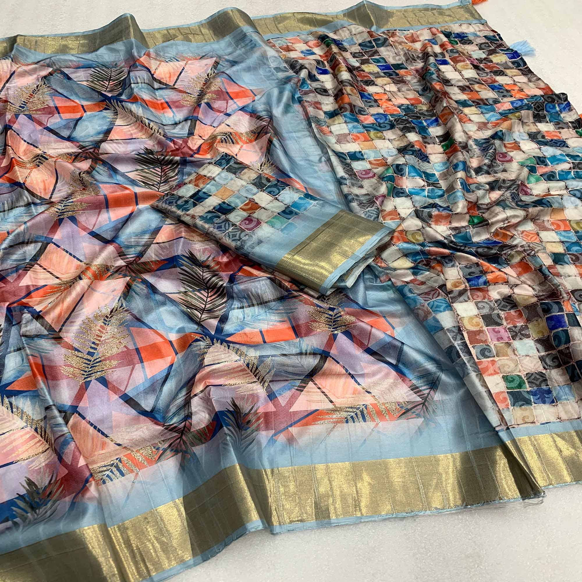 Peachmode Multicolor Digital Printed Tussar Silk Saree