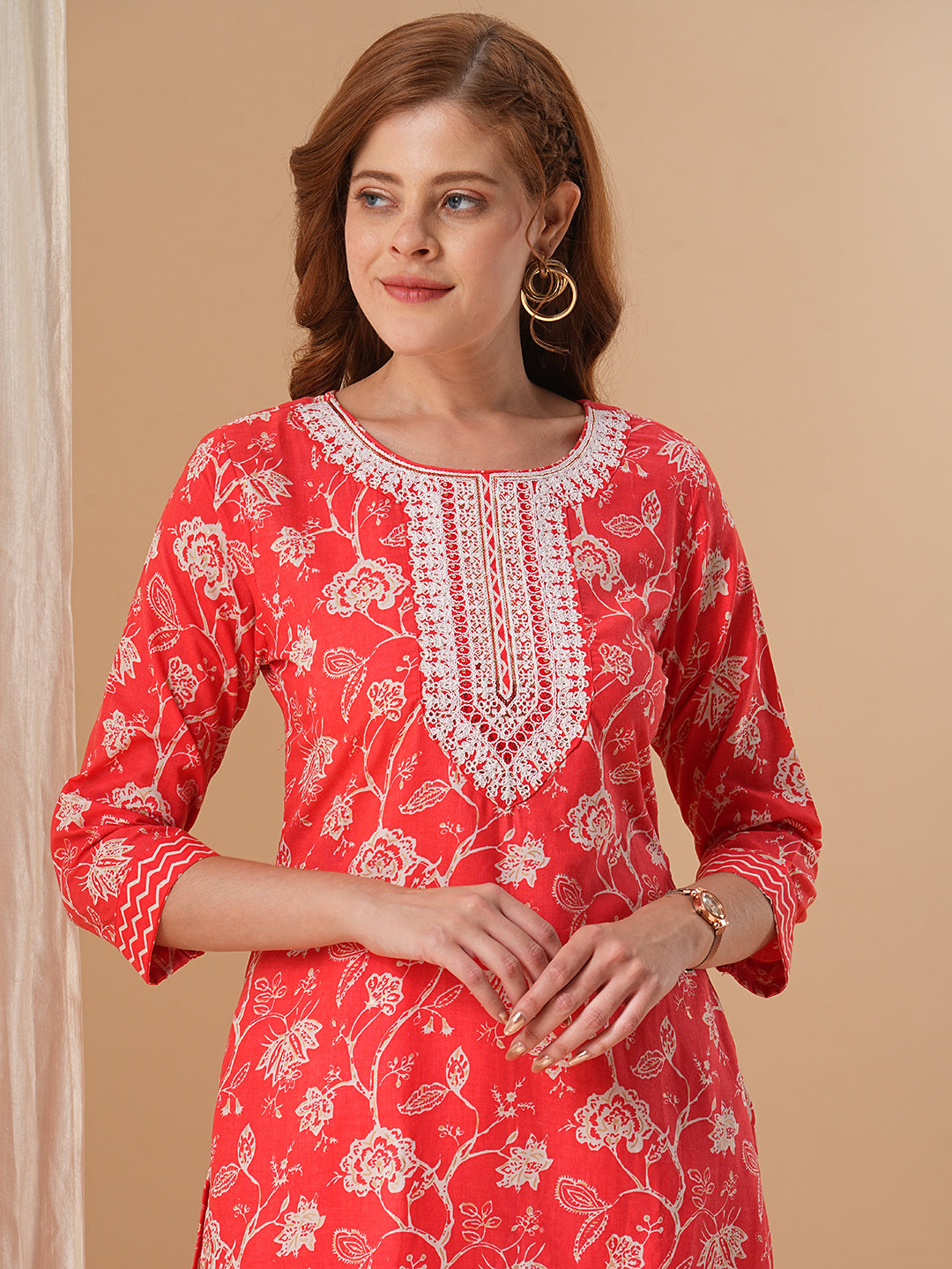 Fashor Floral Printed & Embroidered Straight Kurta with Pant & Dupatta - Red