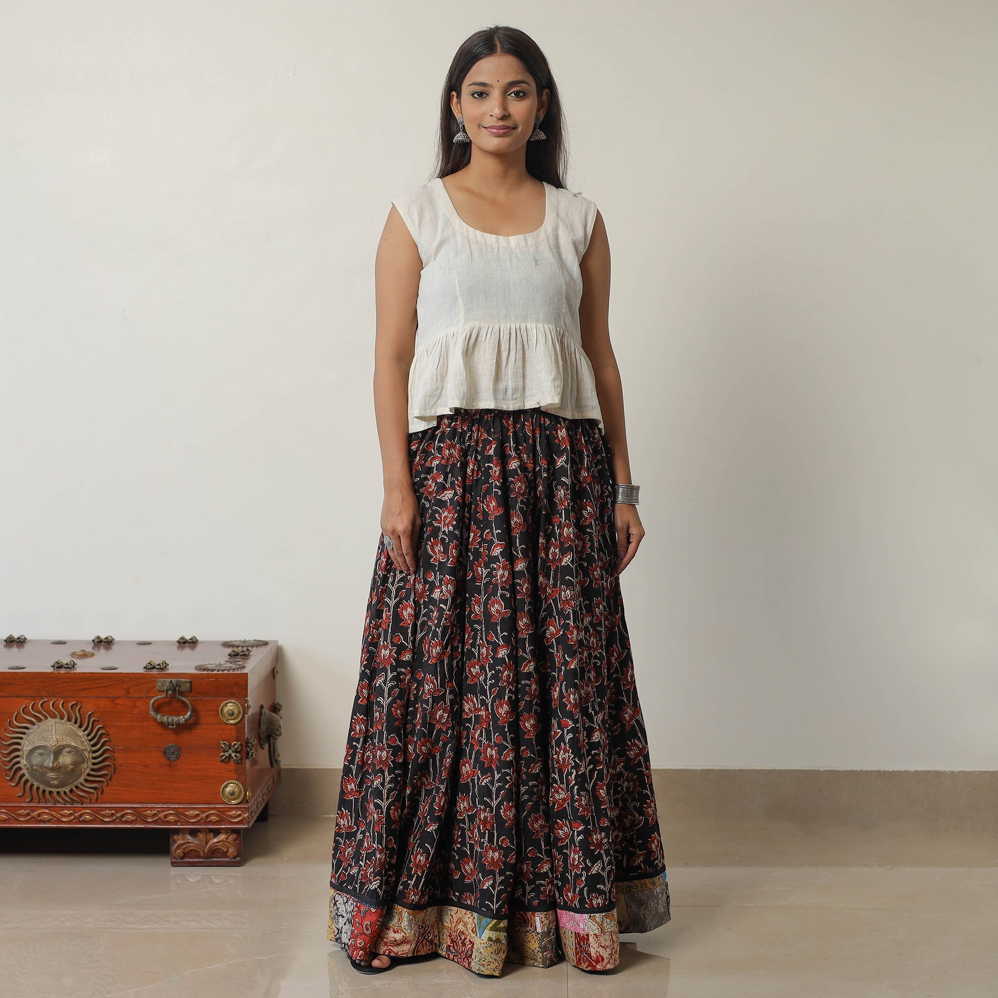 NOORI BAZAR Black - Bagru Block Printed 24 Kali Patchwork Cotton Long Skirt 27