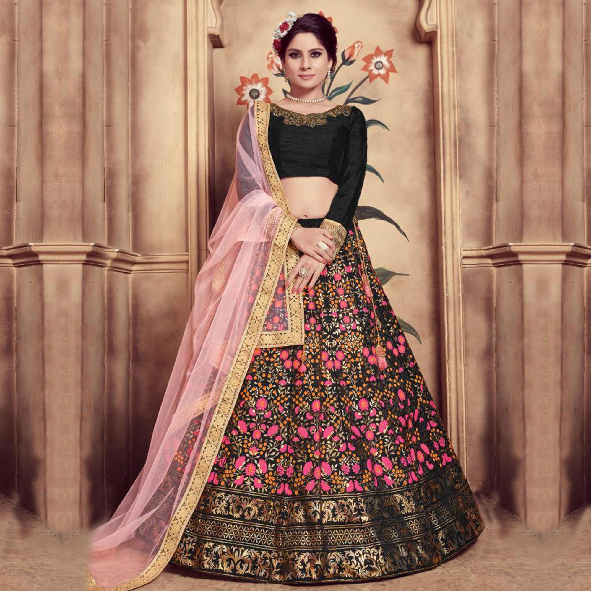 Peachmode Mesmerising Black Colored Party Wear Embroidered Silk Lehenga Choli