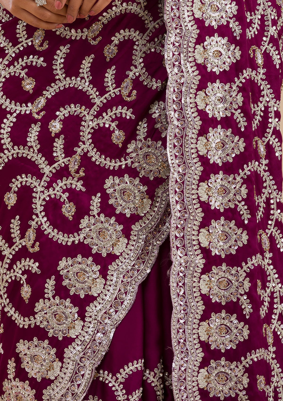 Koskii Wine Zariwork Georgette Saree – Women's - view 7
