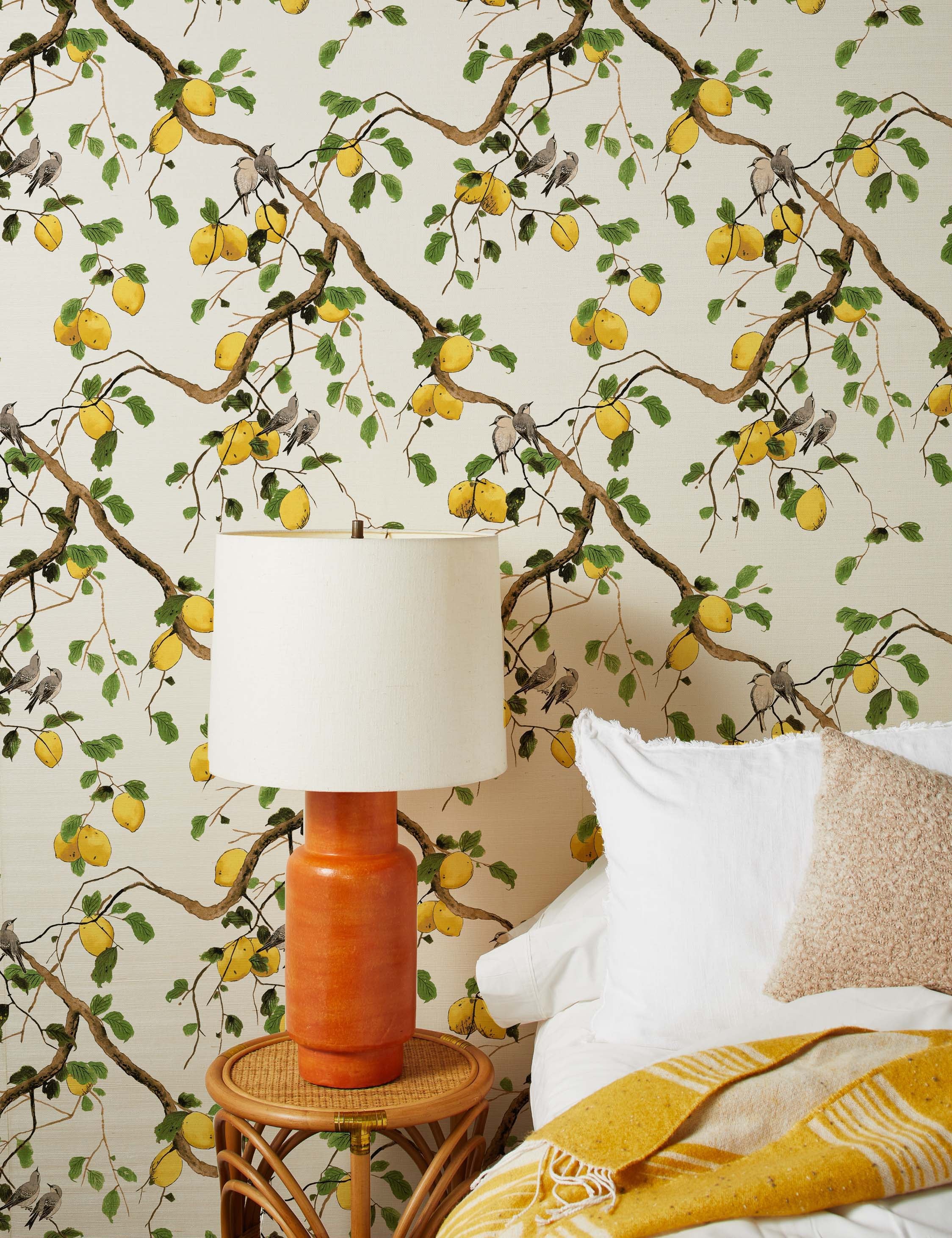 Lulu and Georgia Lemon Birds Grasscloth Wallpaper by Nathan Turner