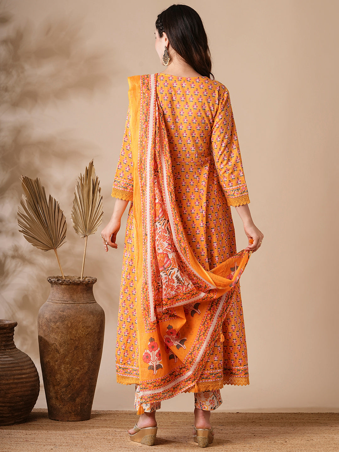 Fashor Floral Printed & Beads Embroidered Anarkali with Pant & Pure Cotton Dupatta - Yellow - view 6