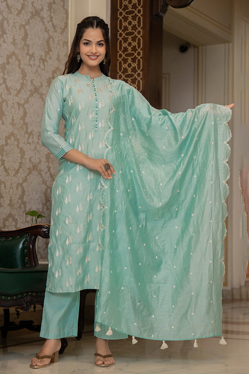 Ahika Sea Green Silk Blend Solid Embroidered Straight Suit Set With Trouser Bottom PKSKD2686 - view 4