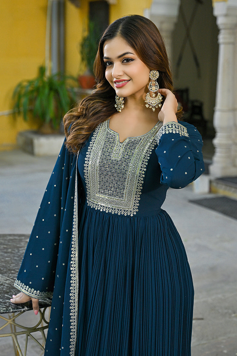 Ahika Plus Size Teal Blue Georgette Solid Yoke Design Anarkali Kurta Dupatta Set VKSET1473 - view 2