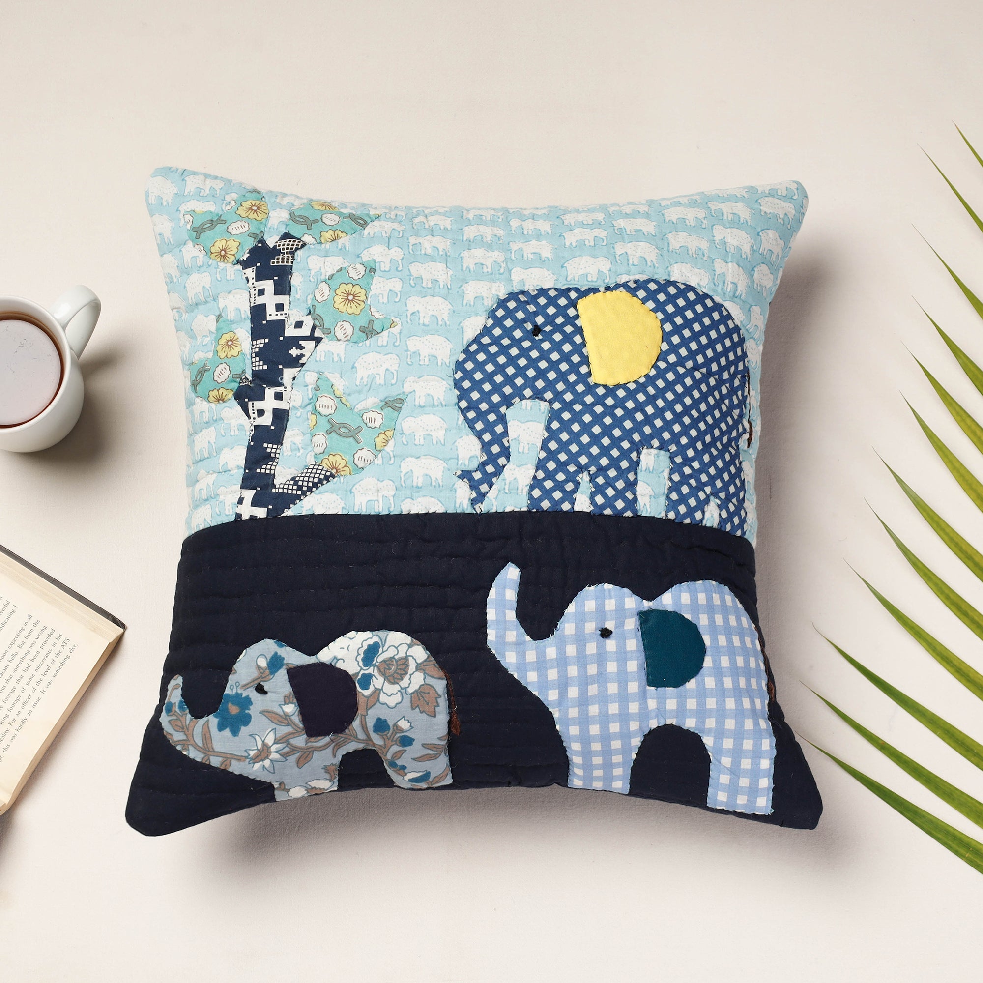 PURKAL STREE SHAKTI SAMITI Blue - Applique Quilted Cotton Cushion Cover (16 x 16 in)