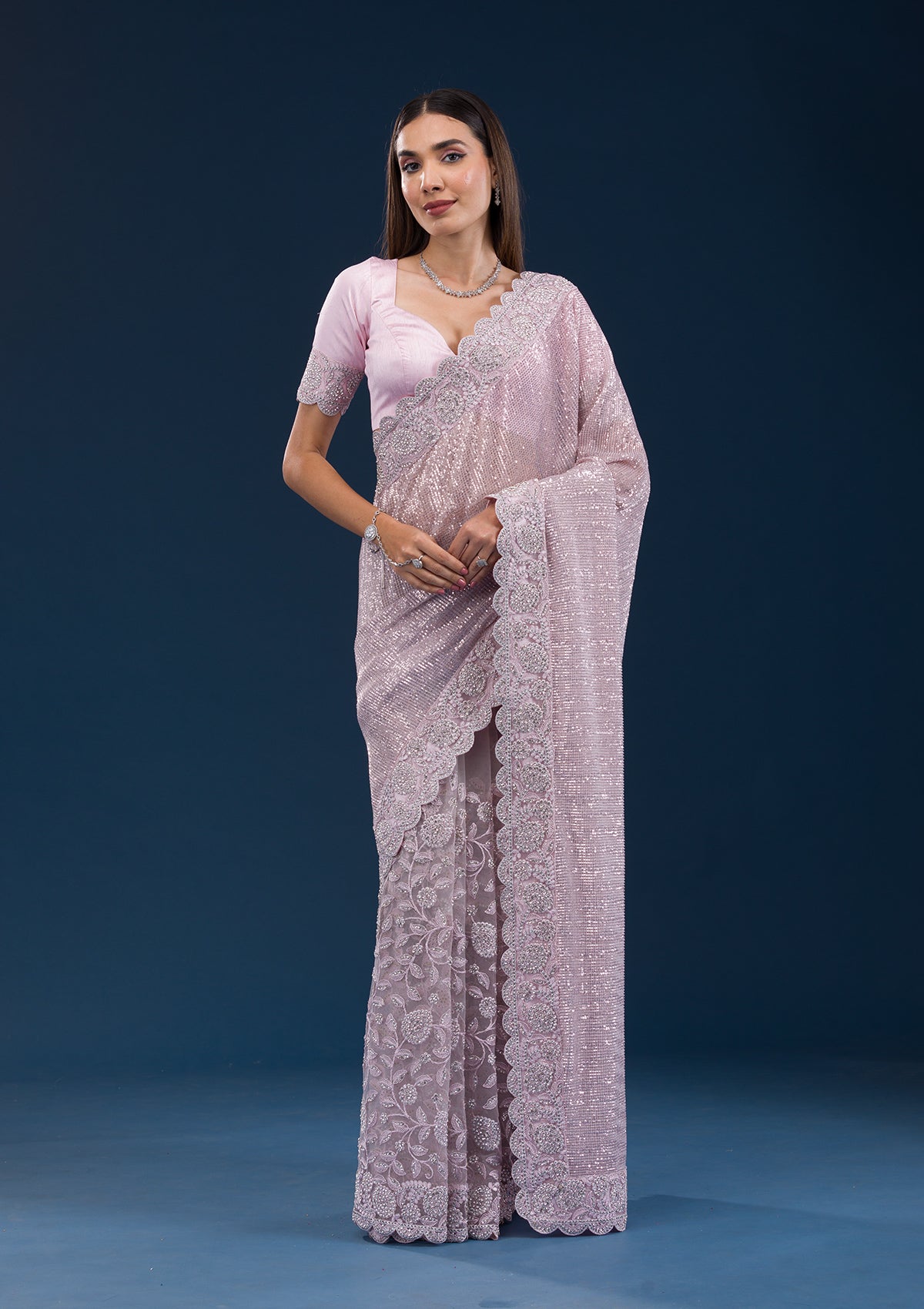 Koskii Baby Pink Threadwork Net Saree – Women's - view 3