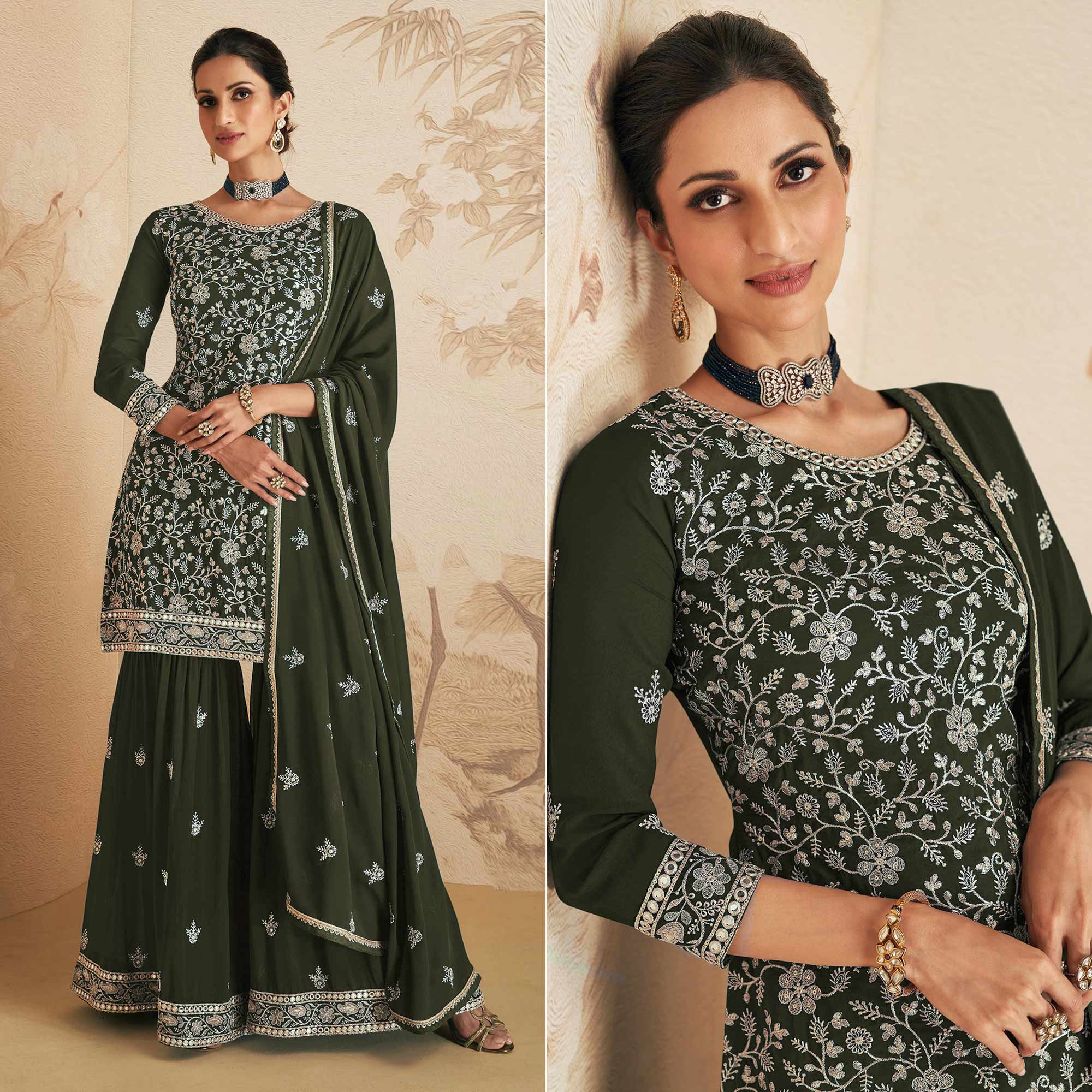 Peachmode Dark Olive Green Sequins Embroidered Georgette Semi Stitched Sharara Suit