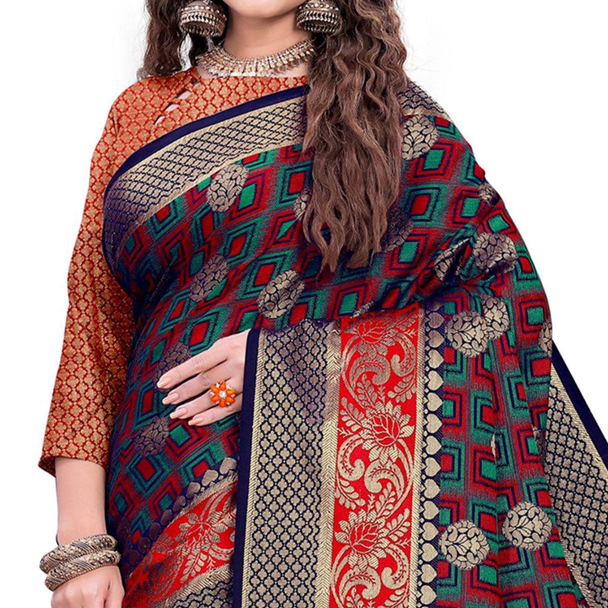 BlackTree glowing-navy-blue-red-colored-festive-wear-woven-cotton-silk-jacquard-saree-45022 - view 5