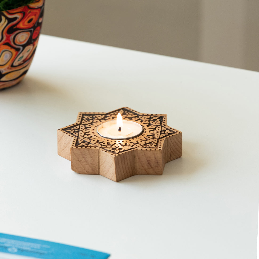 EXCLUSIVELANE 'Jugnu Sitara' Wooden Tea Light Holder