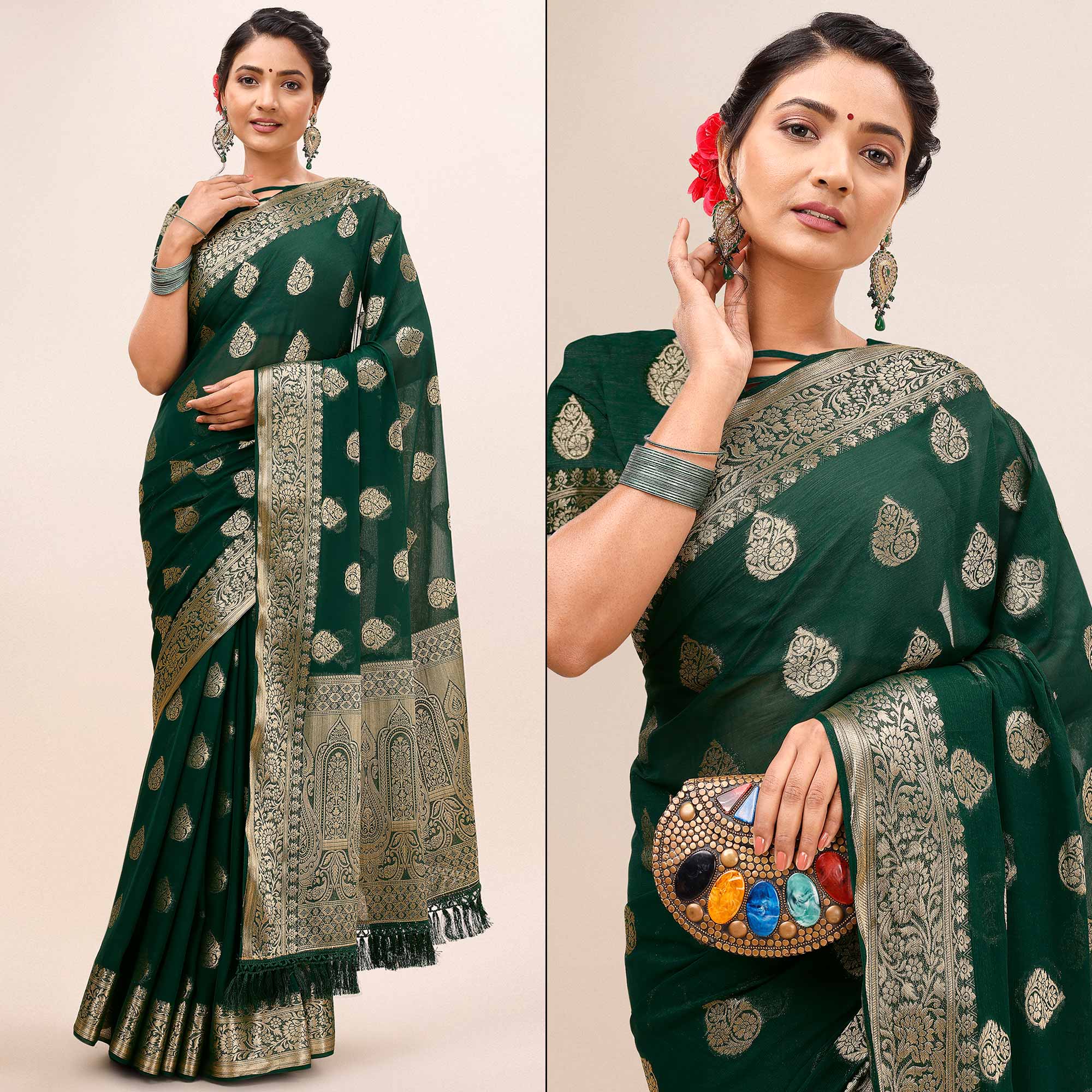 Peachmode Dark Green Woven Chiffon Saree With Tassels