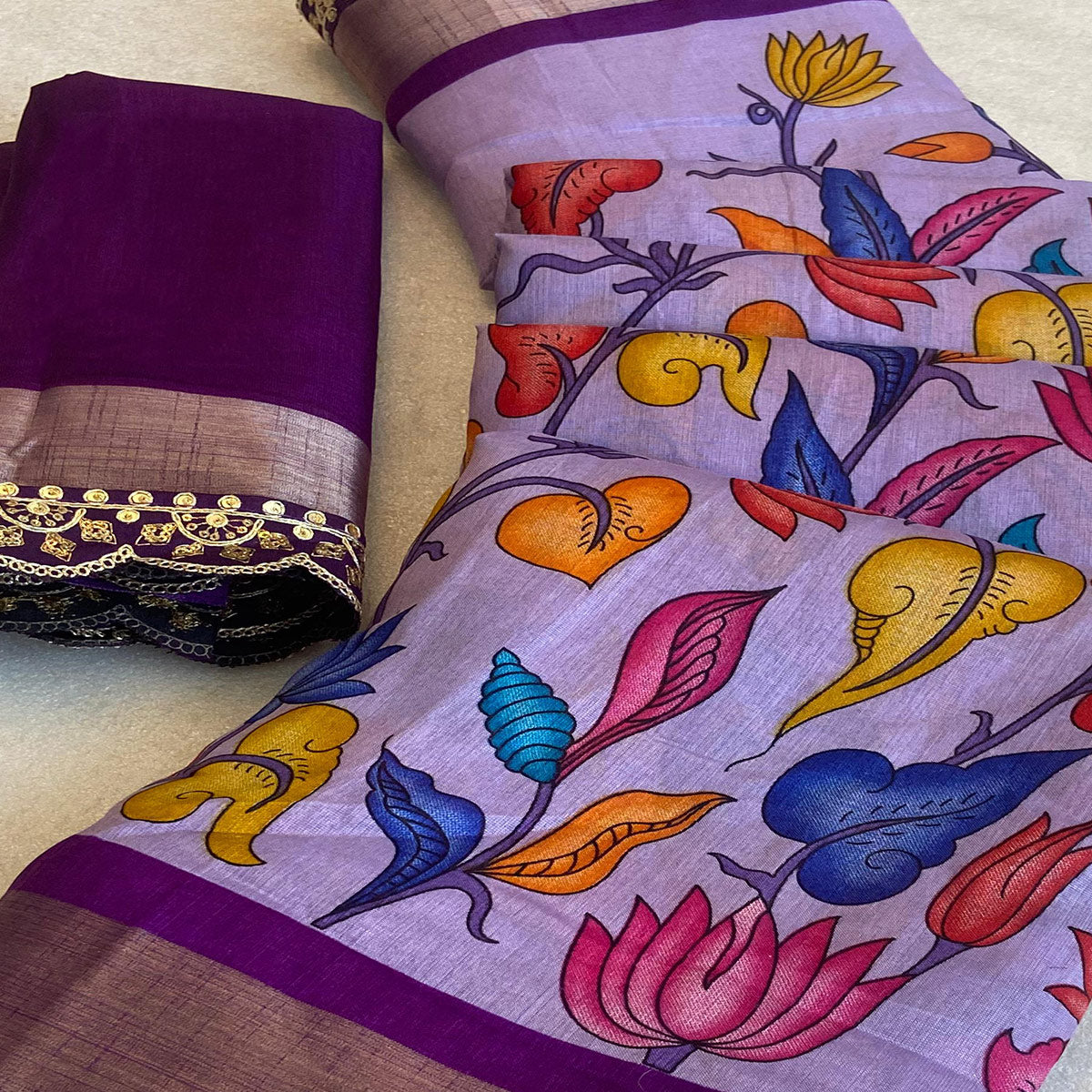 Peachmode Lavender Floral Printed Dola Silk Saree With Sequins Border - view 2