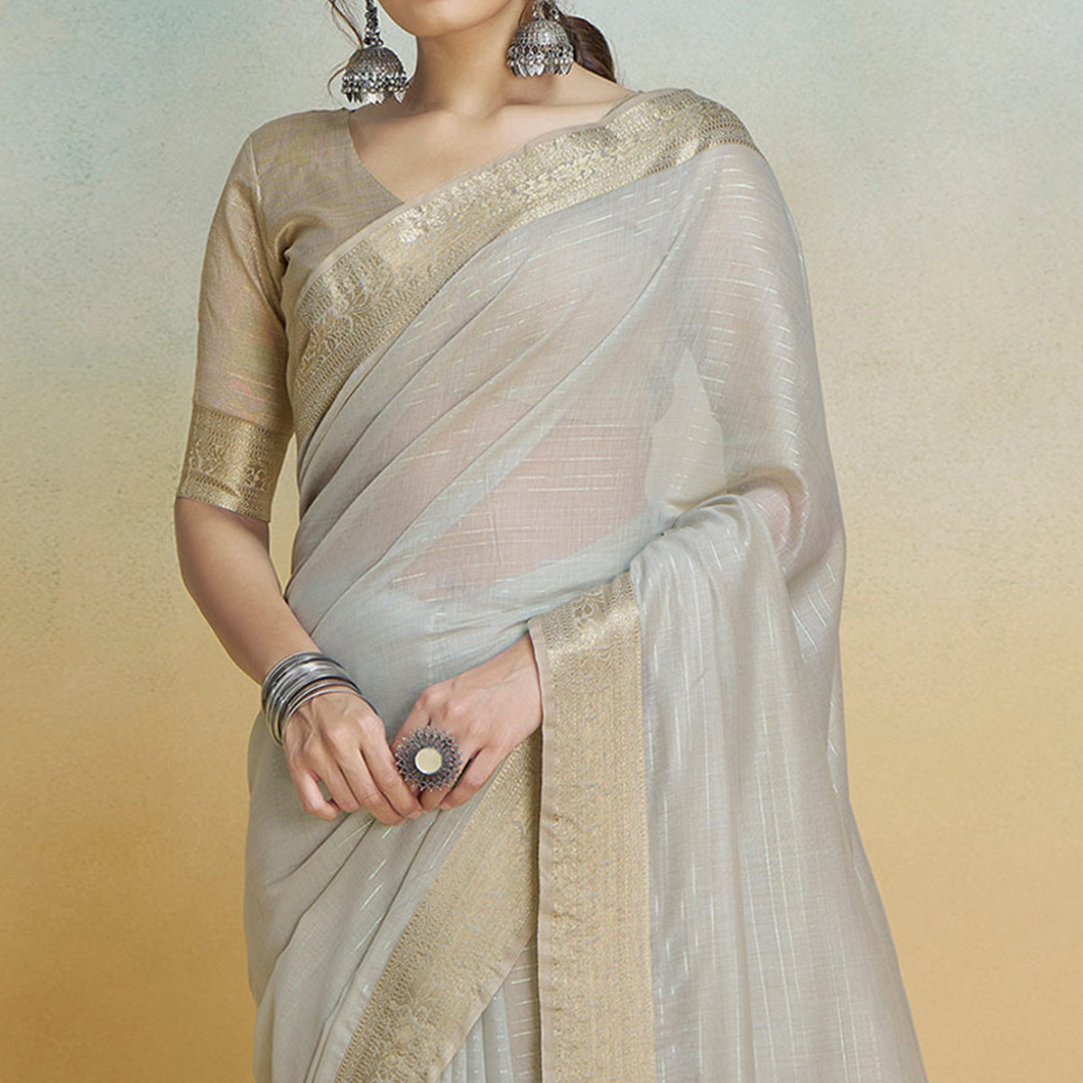 Peachmode Light Grey Woven Cotton Silk Saree With Tassels - view 3