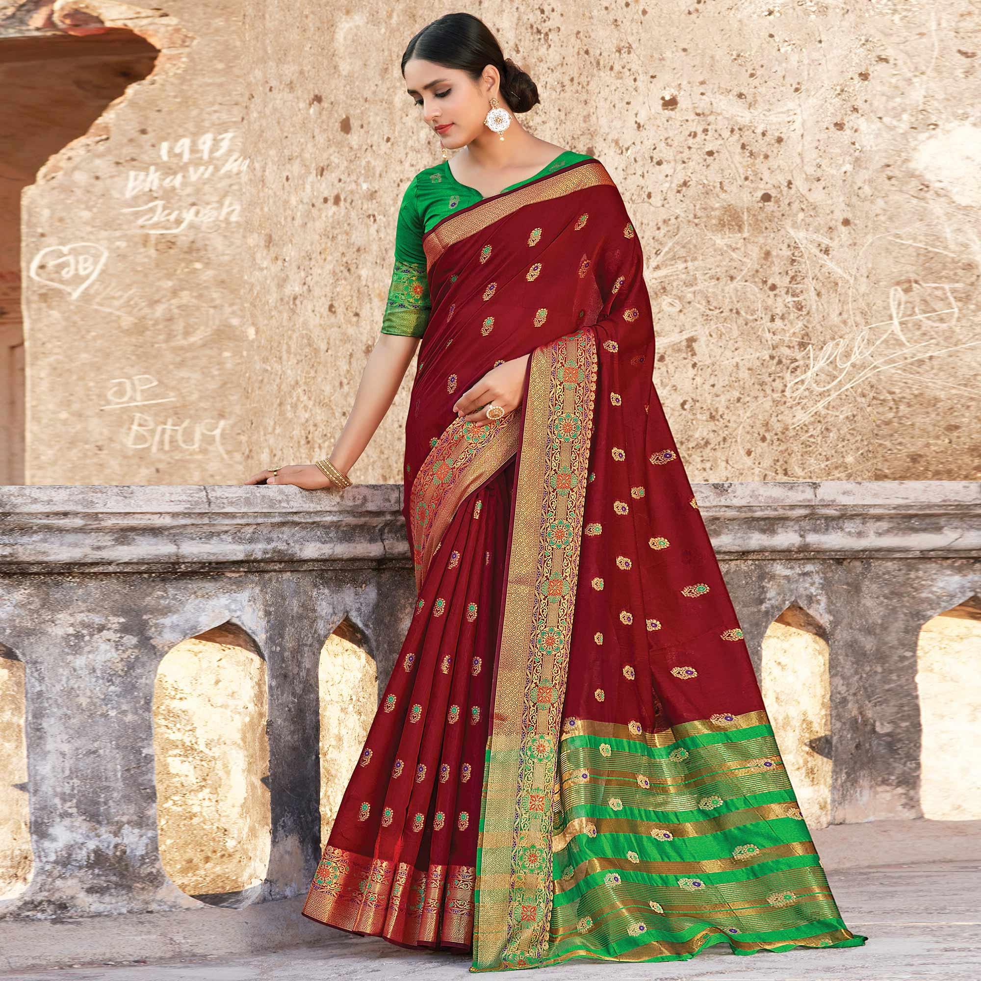 Peachmode Groovy Brown Colored Festive Wear Woven Cotton Handloom Saree