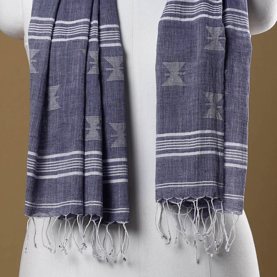 KHUSHBASH - HAPPY LOOM OF EAST Blue - Burdwan Jamdani Buti Handloom Cotton Stole with Tassels - view 2