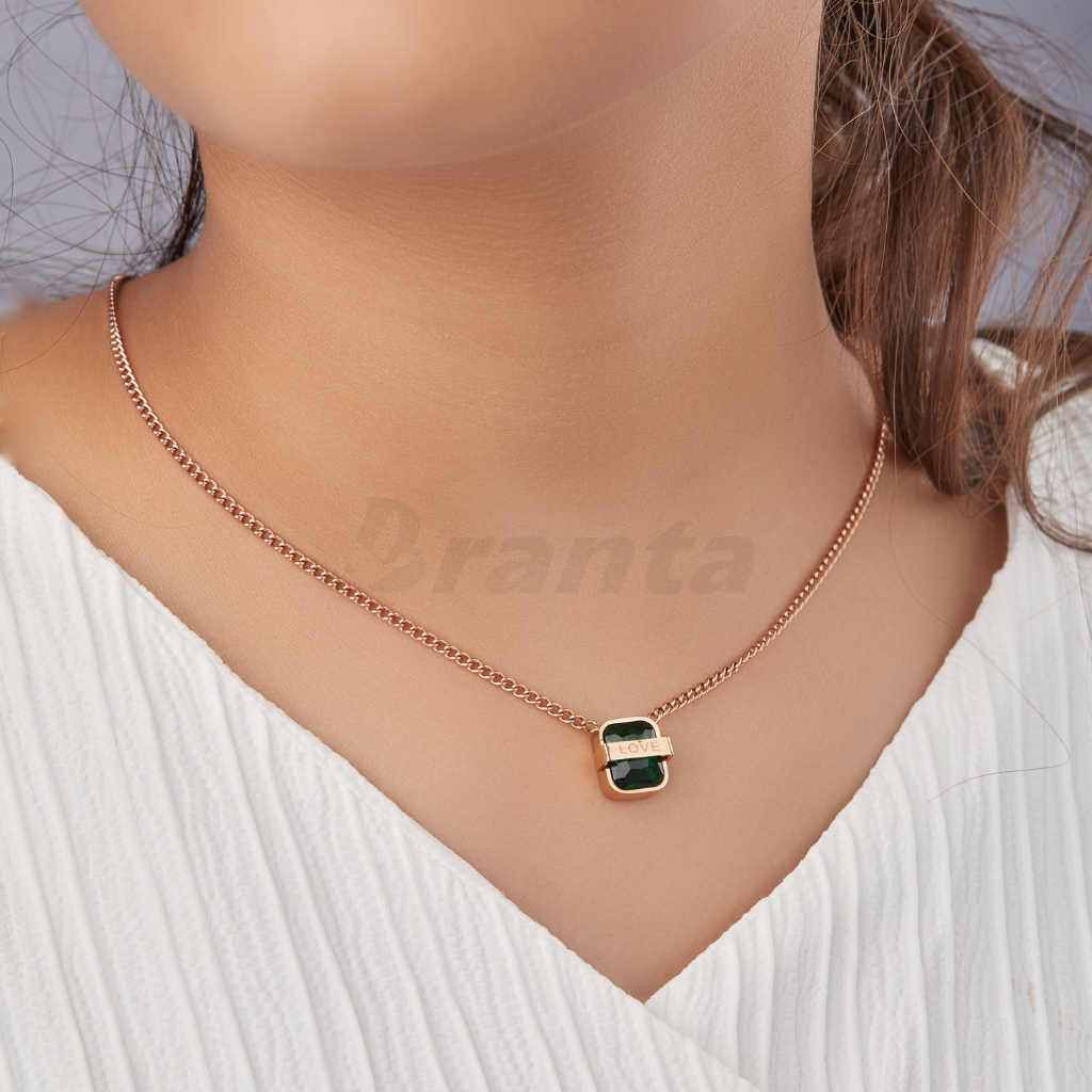 Branta Love Green Emerald Pendant Rose Gold Necklace For Girls