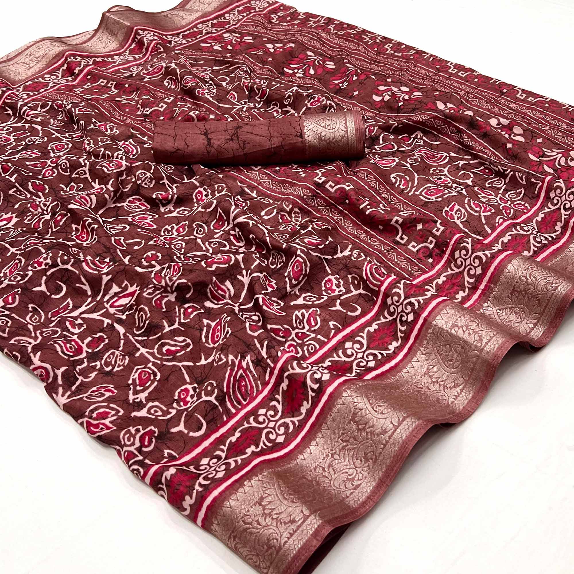 Peachmode Brown Printed Dola Silk Saree – Women's