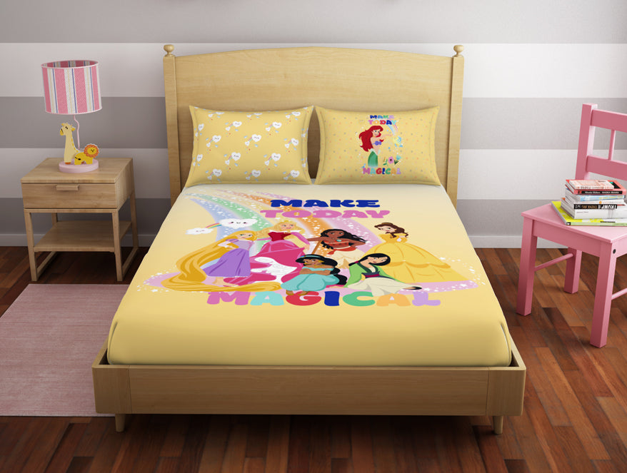 Spaces India Character Golden Haze - Yellow 100% Cotton Double Bedsheet - Disney Princess By Spaces