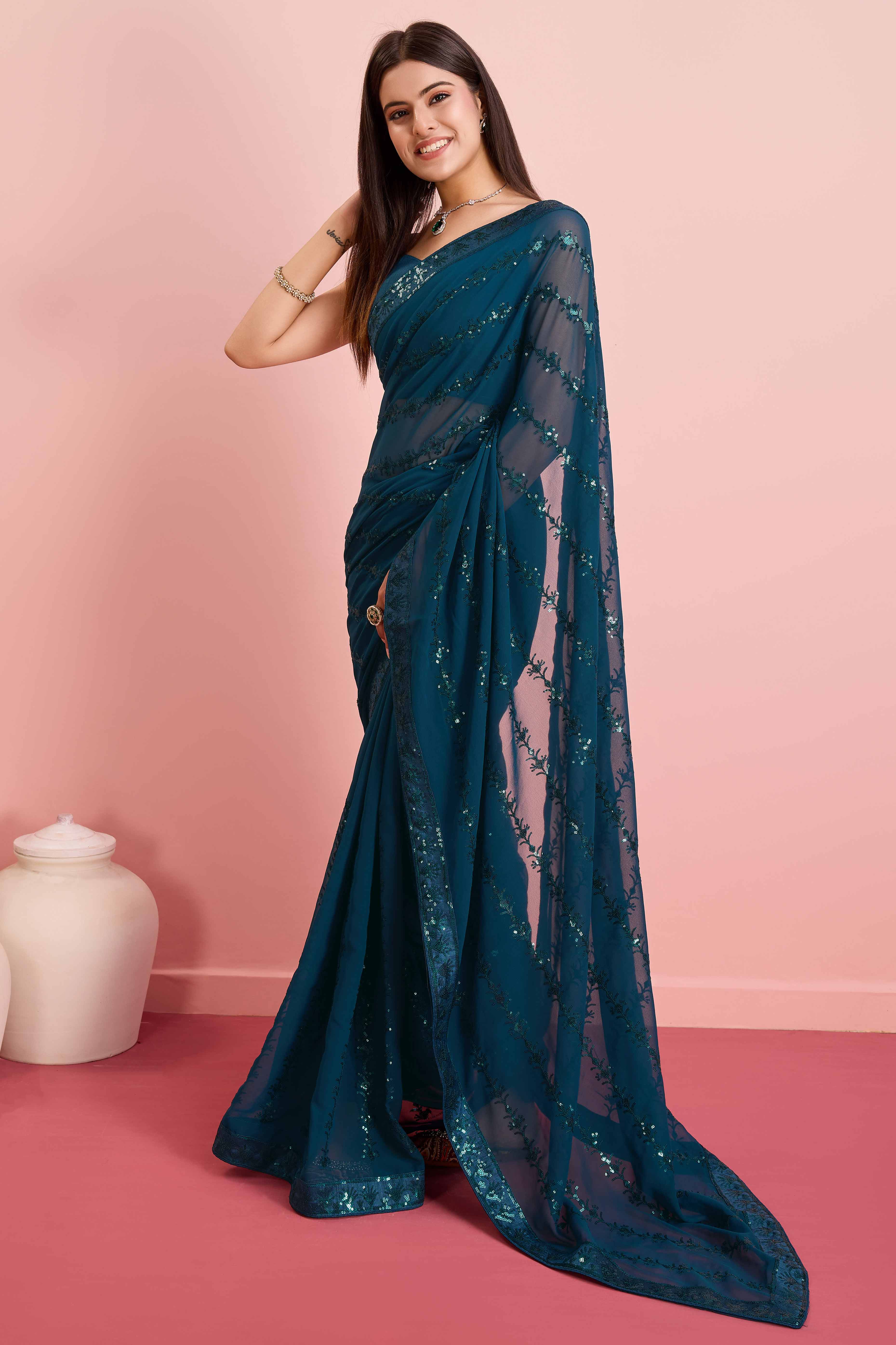 Peachmode Morpich Floral Sequins Embroidered Georgette Saree