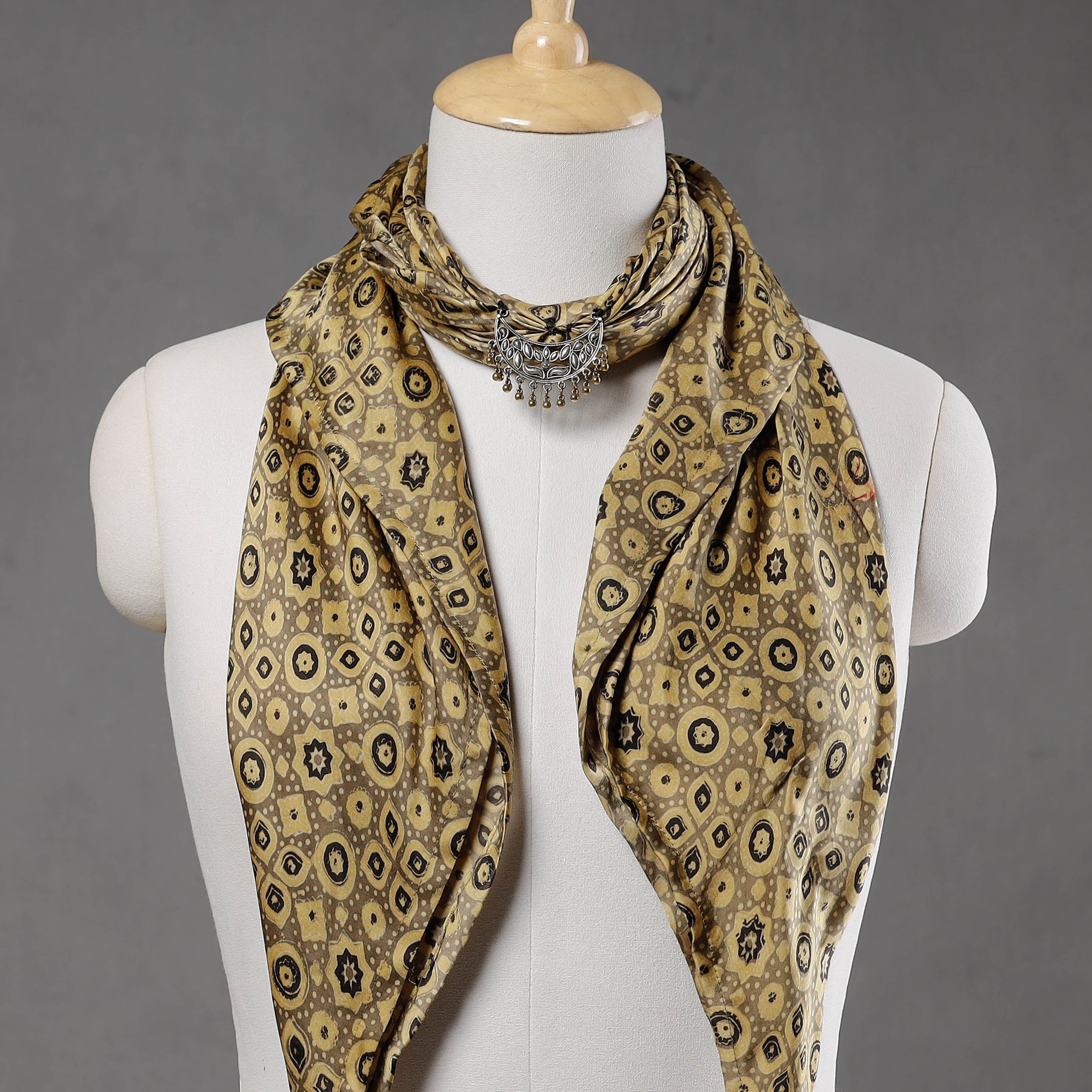 STOLES & SCARVES Brown - Modal Silk Ajrakh Block Printing Pendant Necklace Scarf - view 2