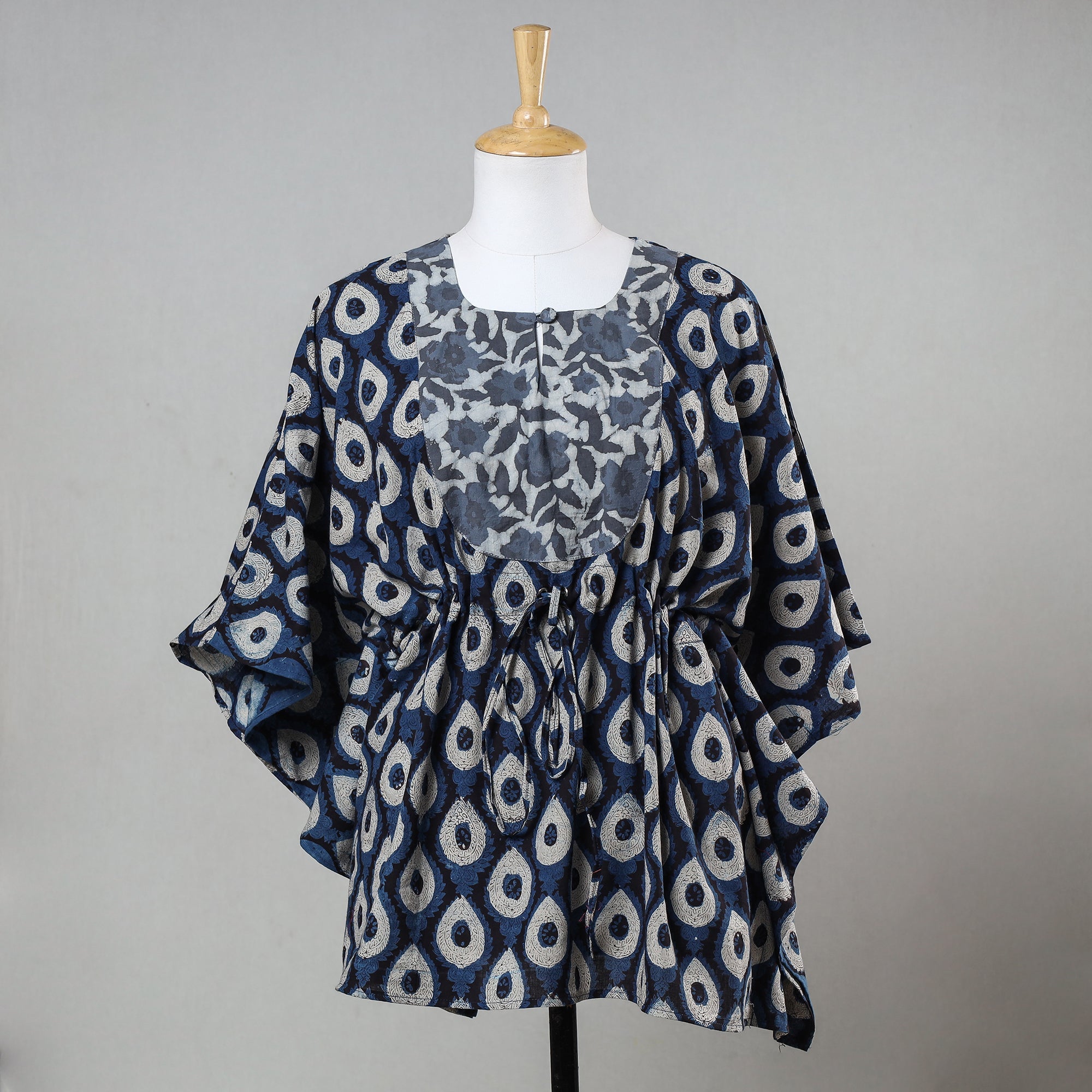 ITOKRI CASUALS Blue - Bagru Block Printed Cotton Kaftan with Tie-Up Waist (Short)