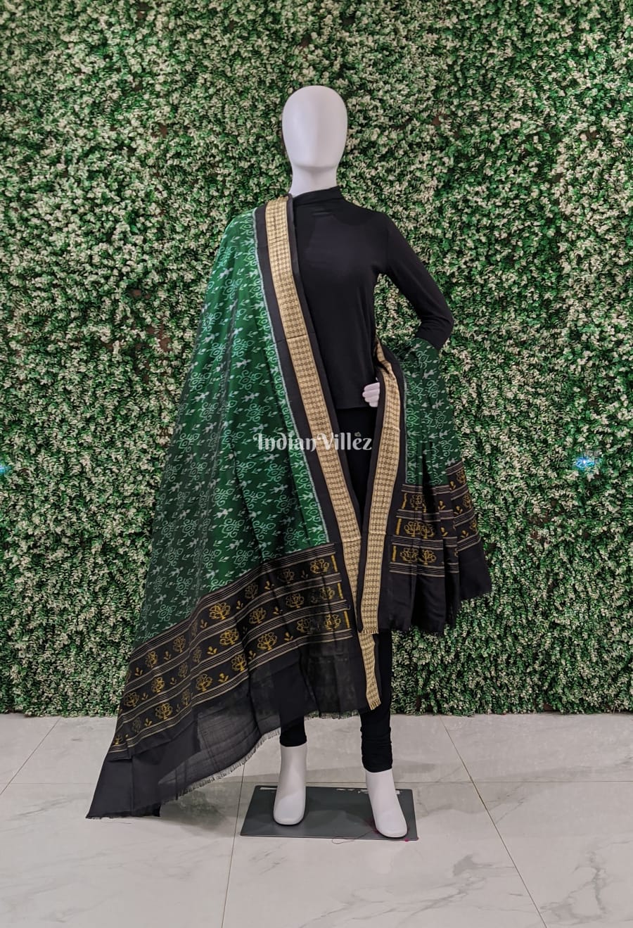 IndianVillèz Deep Green Black Tribal Sambalpuri Silk Dupatta