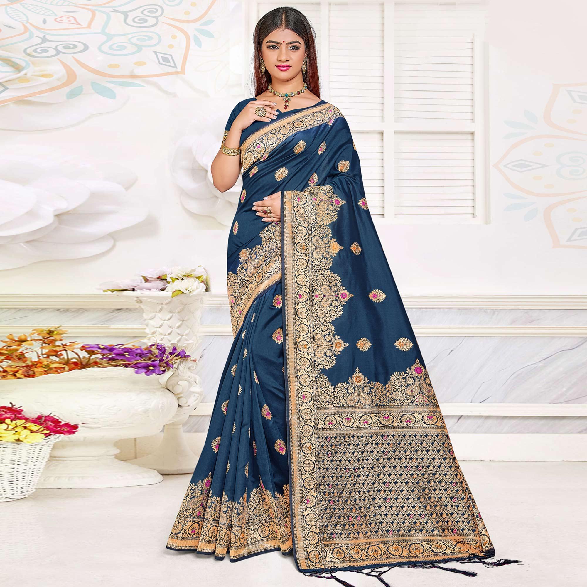 Peachmode Dark Blue Festive Wear Woven Jari Border Soft Silk Saree