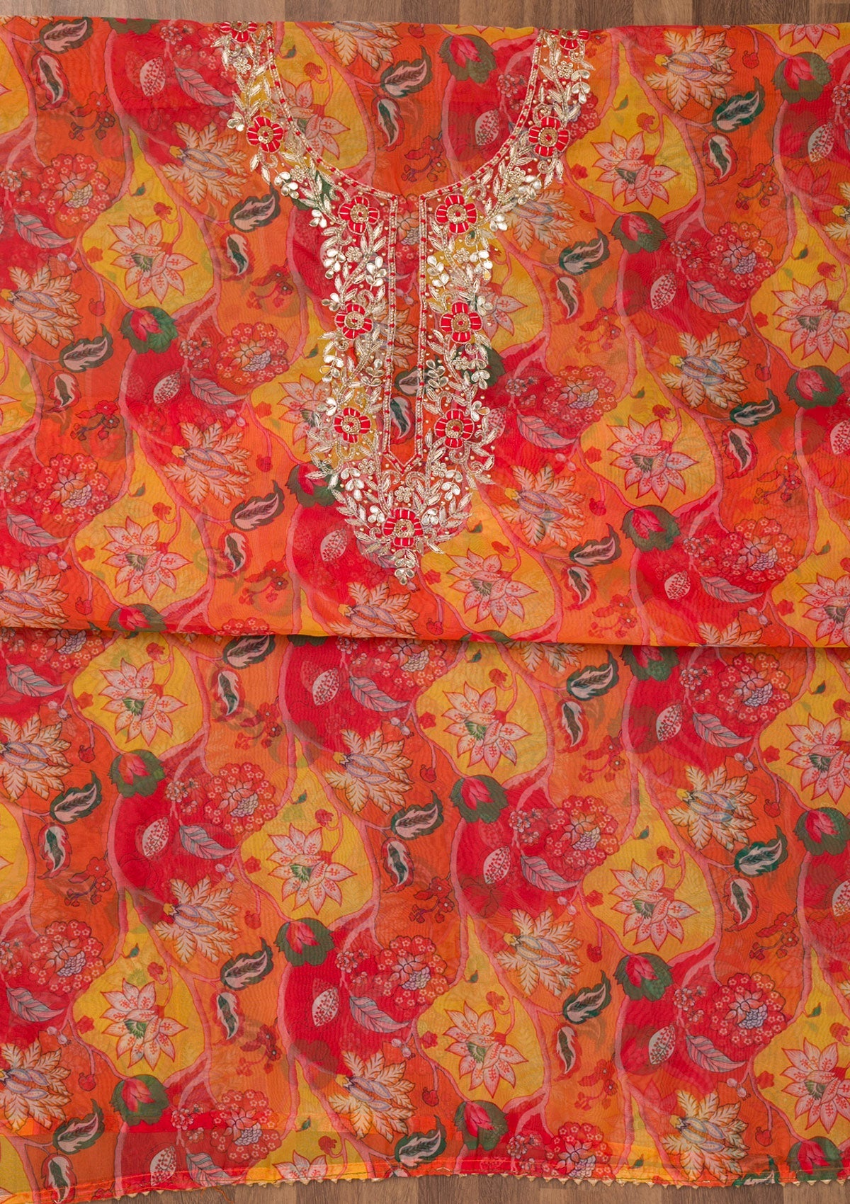 Koskii Yellow Zariwork Organza Unstitched Salwar Suit - view 4