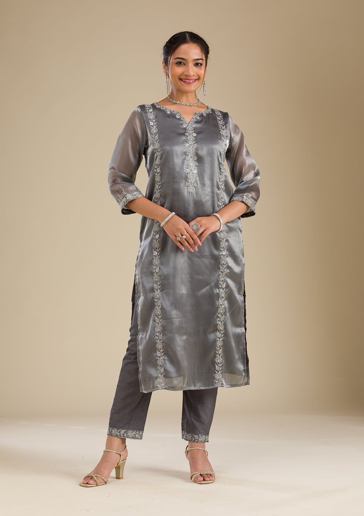 Koskii Grey Zariwork Crepe Readymade Salwar Suit - view 3