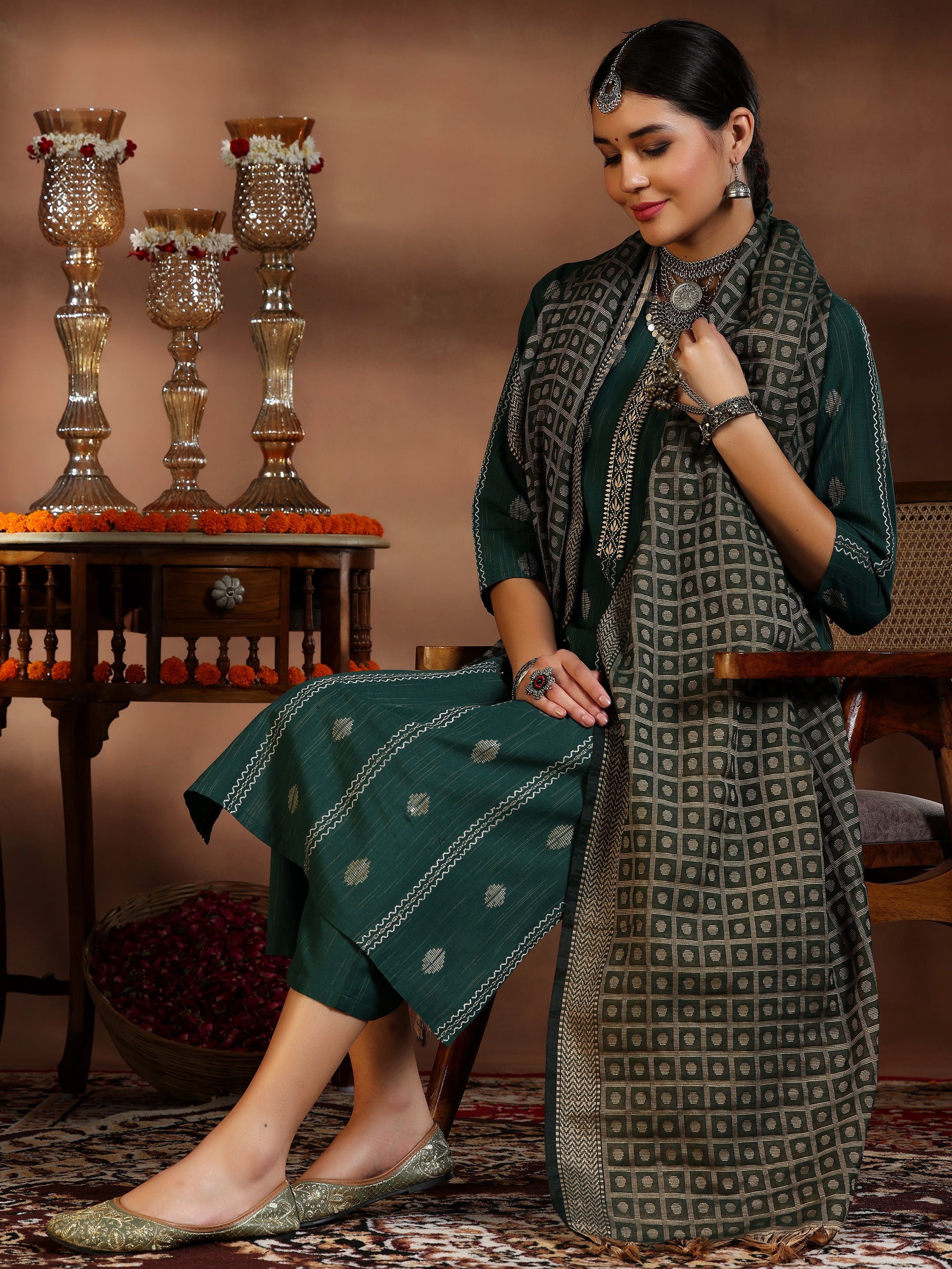 Libas Green Woven Design Cotton Blend Straight Suit With Dupatta