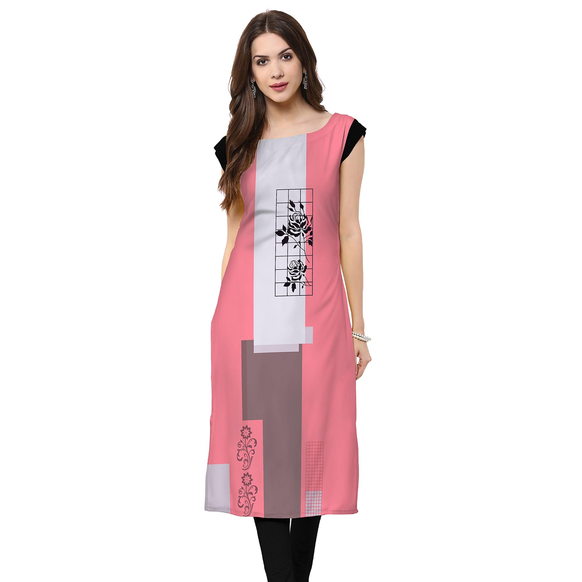 Peachmode Seller Intricate Light Pink Colored Casual Printed Rayon Kurti