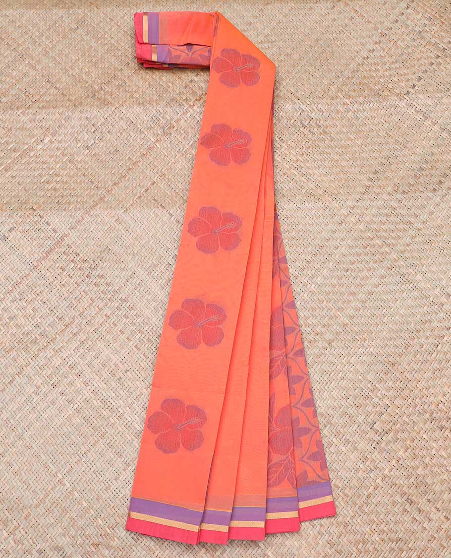 TheShoppothys Lite orange kota saree with flower buttas, contrast thin border & intricate floral vine pallu - view 2