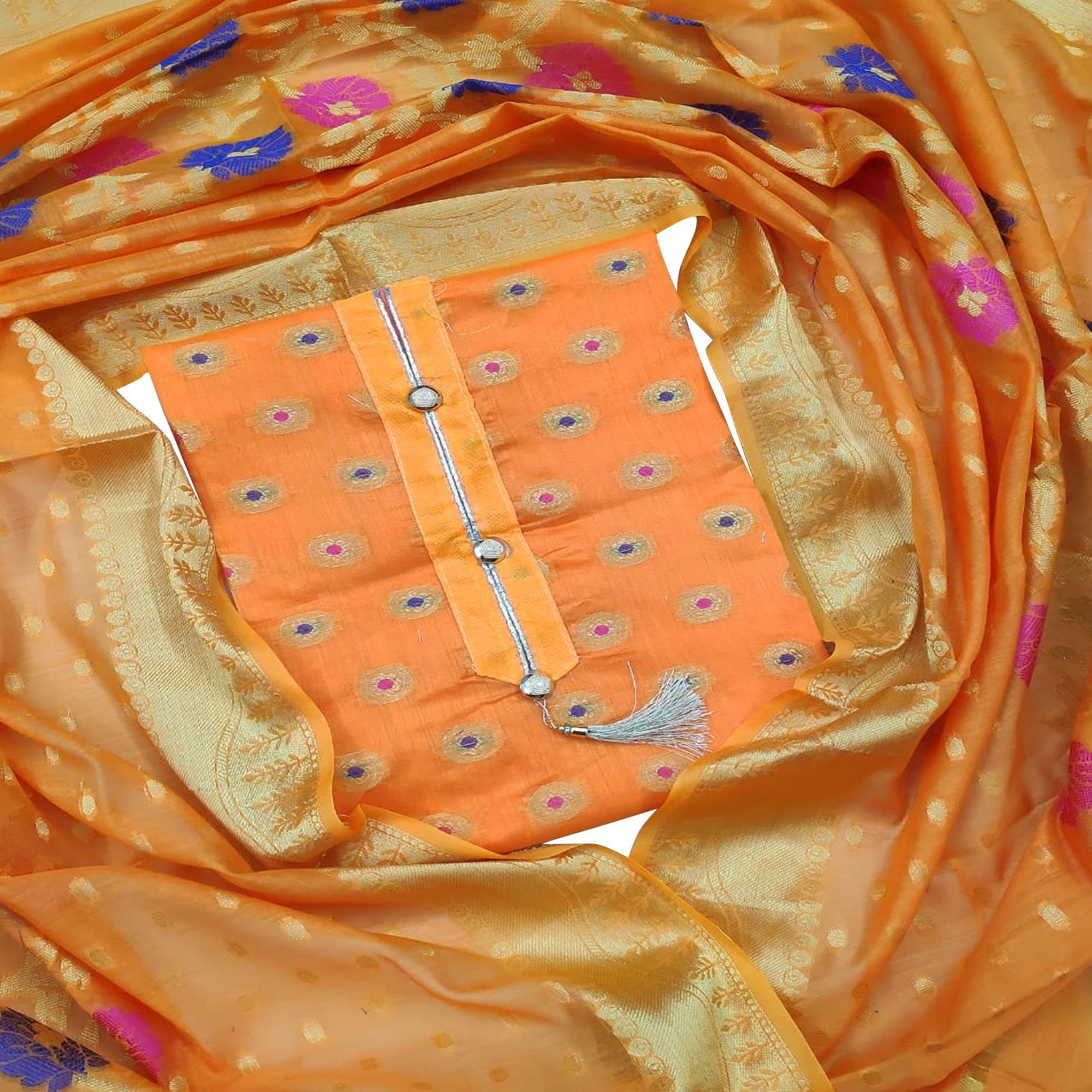 Peachmode Groovy Yellow Colored Festive Wear Woven Banarasi Silk Dress Material