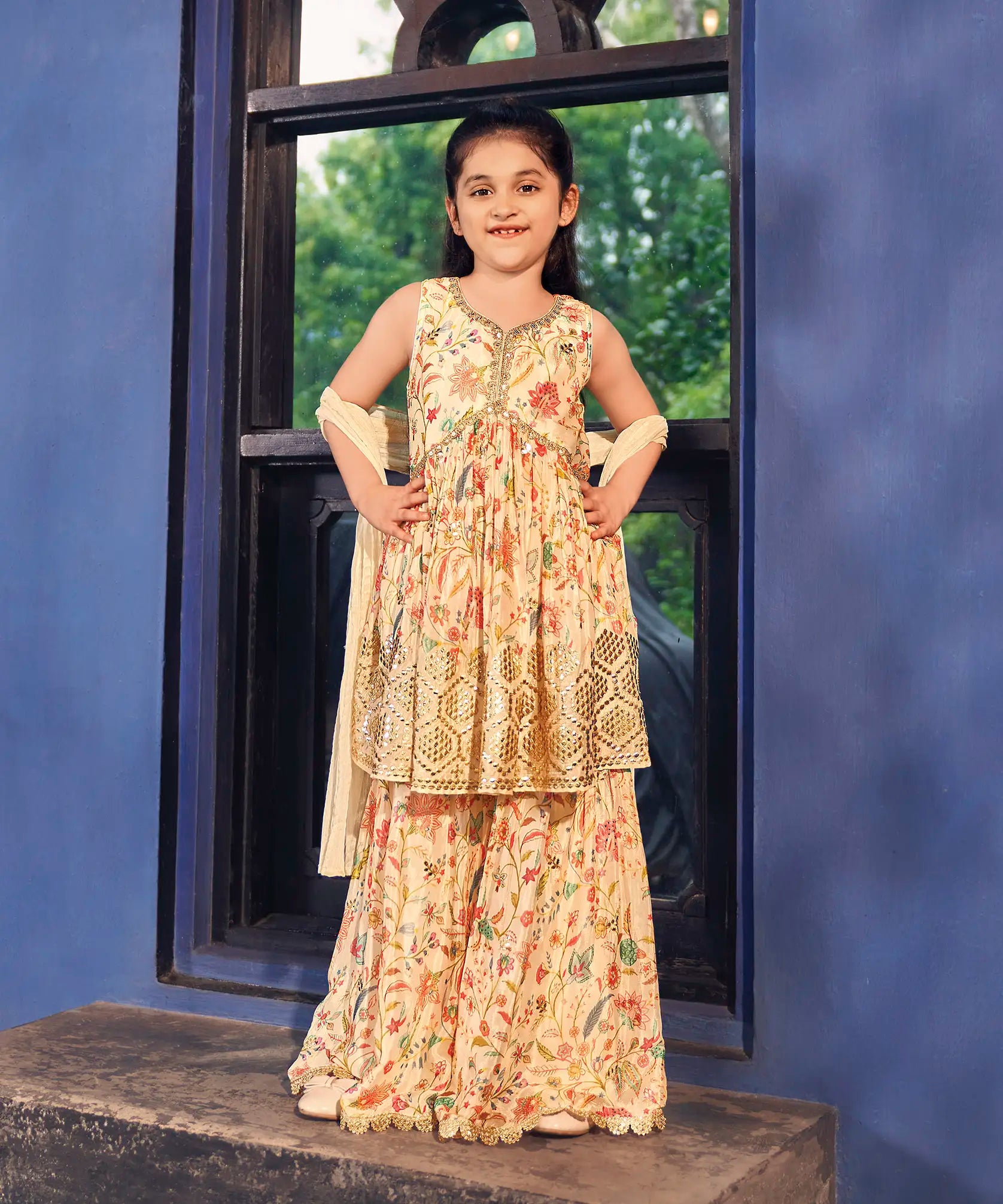 RmKV Light Peach Printed & Embroidered Sharara Set
