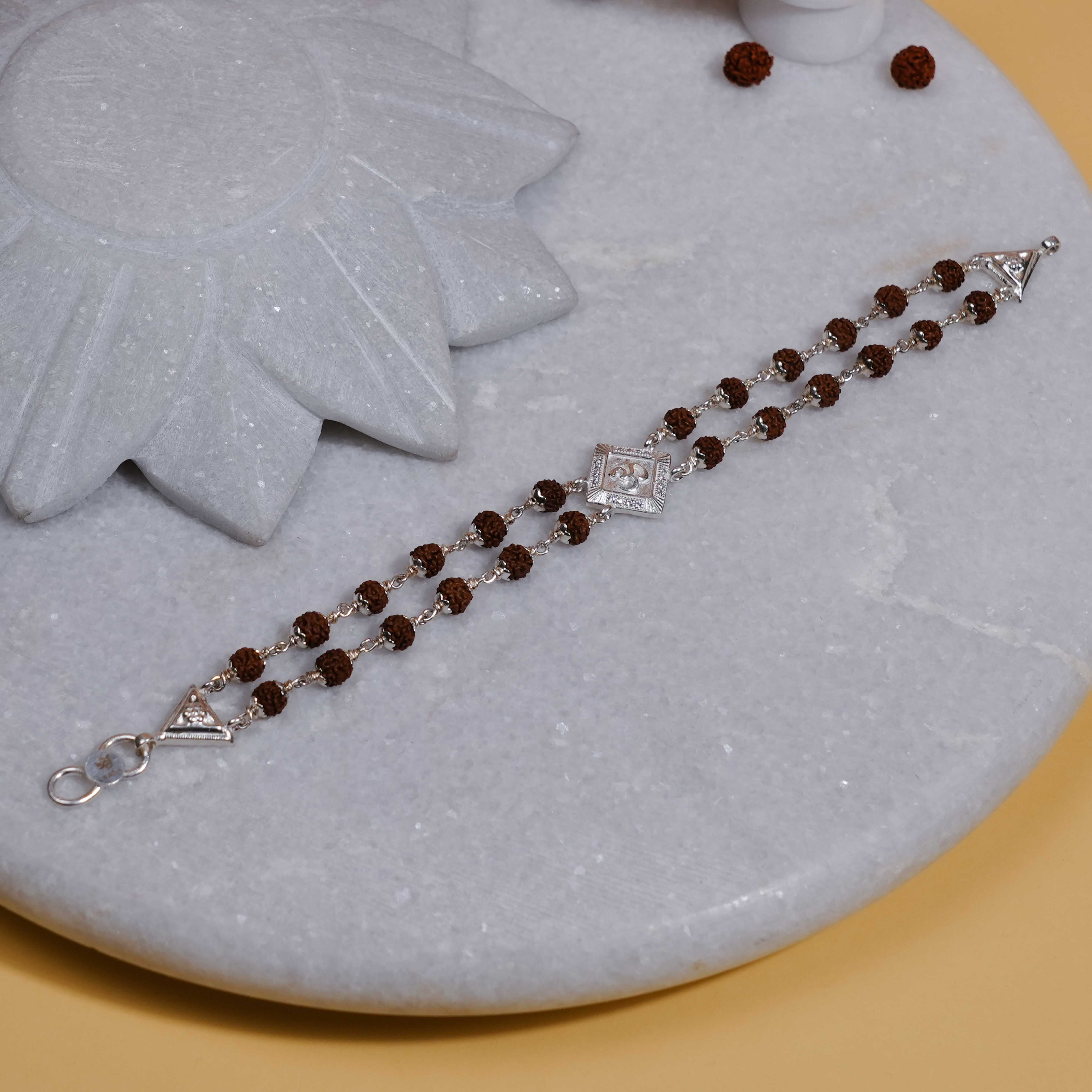 Prinjal Jewellers Silver Rakhi with Rudraksha, Om, and Rhombus Double Line Design - view 4