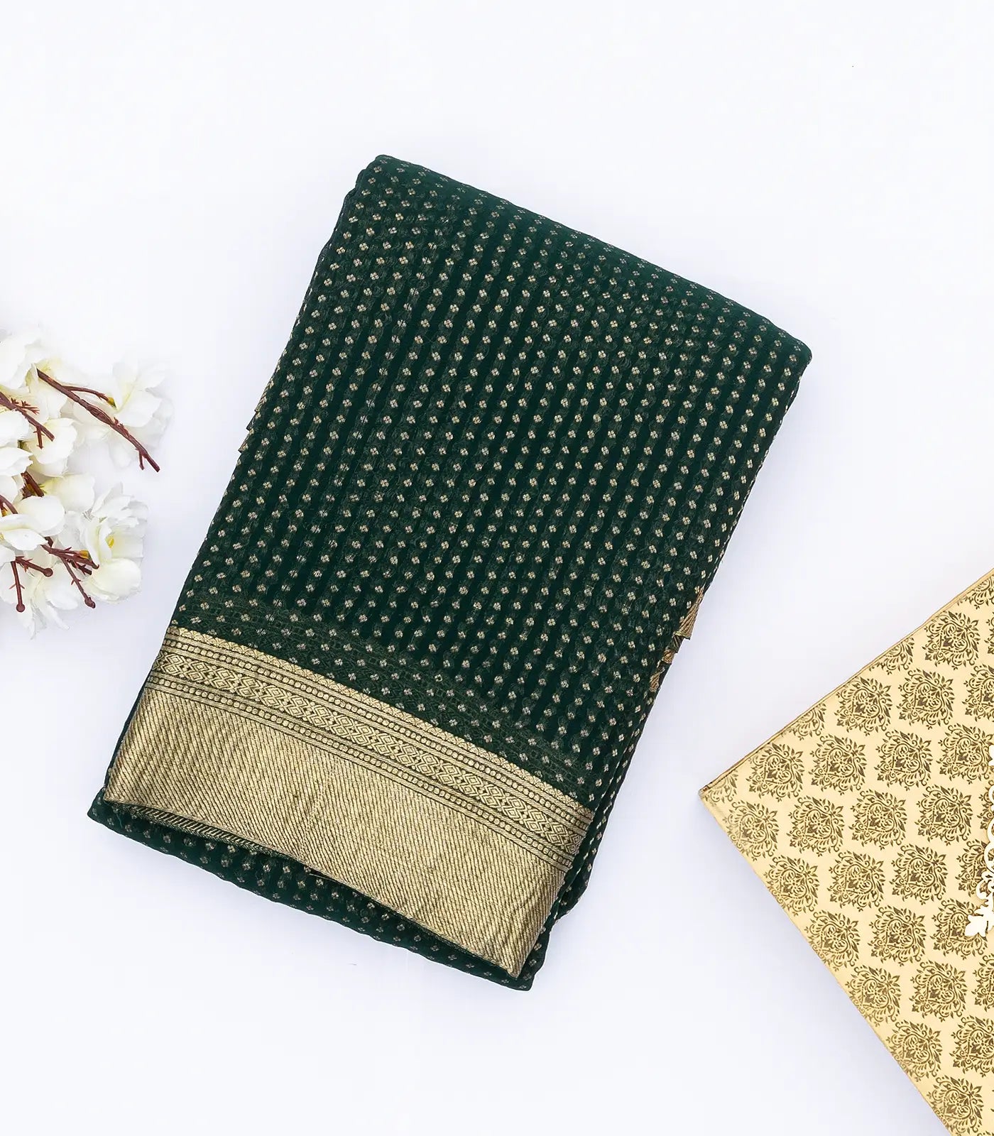 RmKV Bottle Green Mysore Crepe Silk Saree With Floral Motifs & Zari Border - view 5