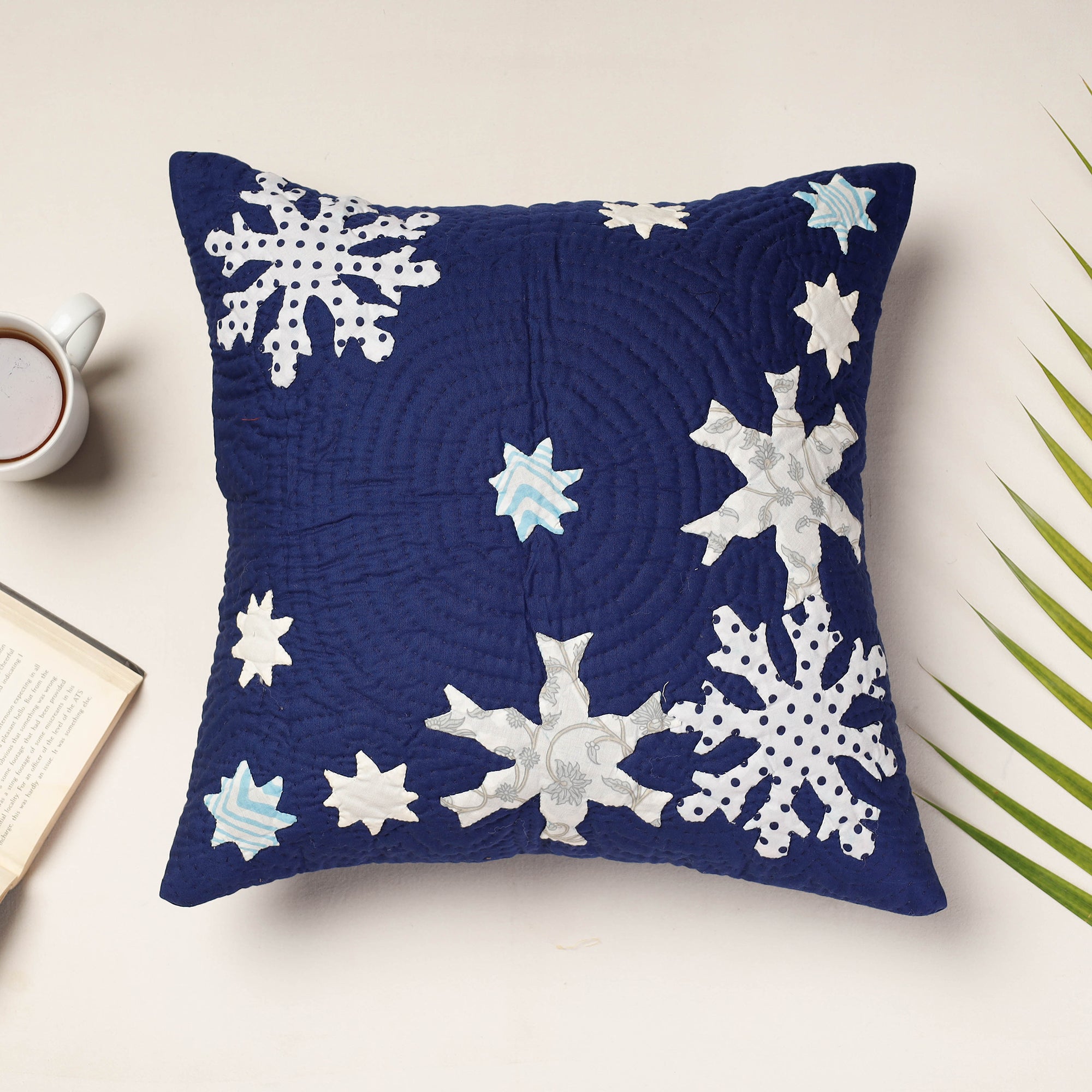 PURKAL STREE SHAKTI SAMITI Blue - Applique Quilted Cotton Cushion Cover (16 x 16 in)
