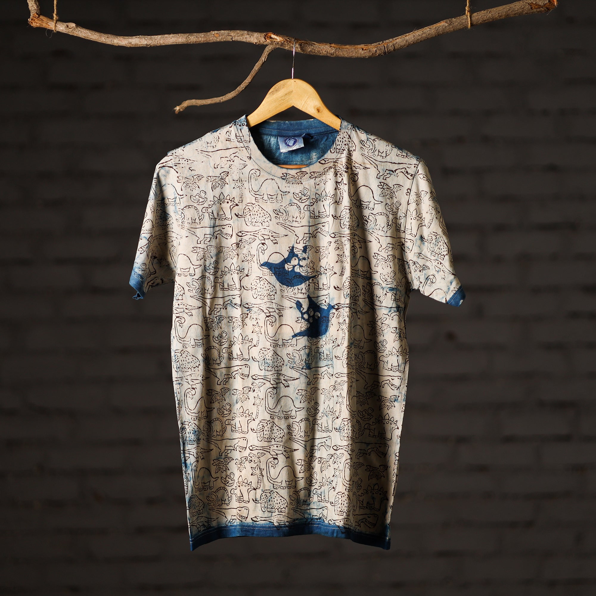 BINDAAS UNLIMITED Beige - Bindaas Natural Dyed Art Block Print Round Neck T-shirt in Pure Cotton