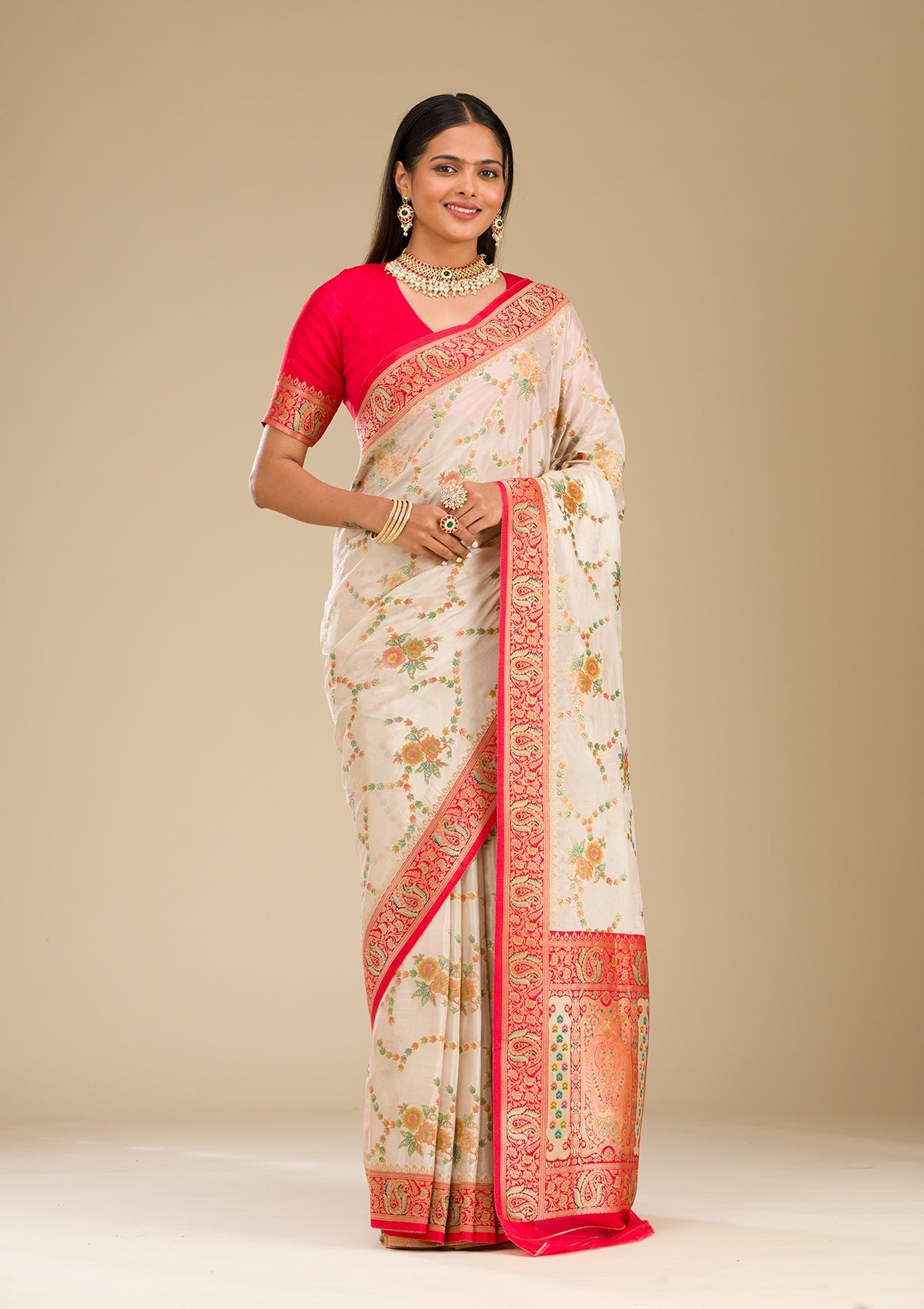 Koskii Beige Zariwork Banarasi Silk Saree – Women's - view 7