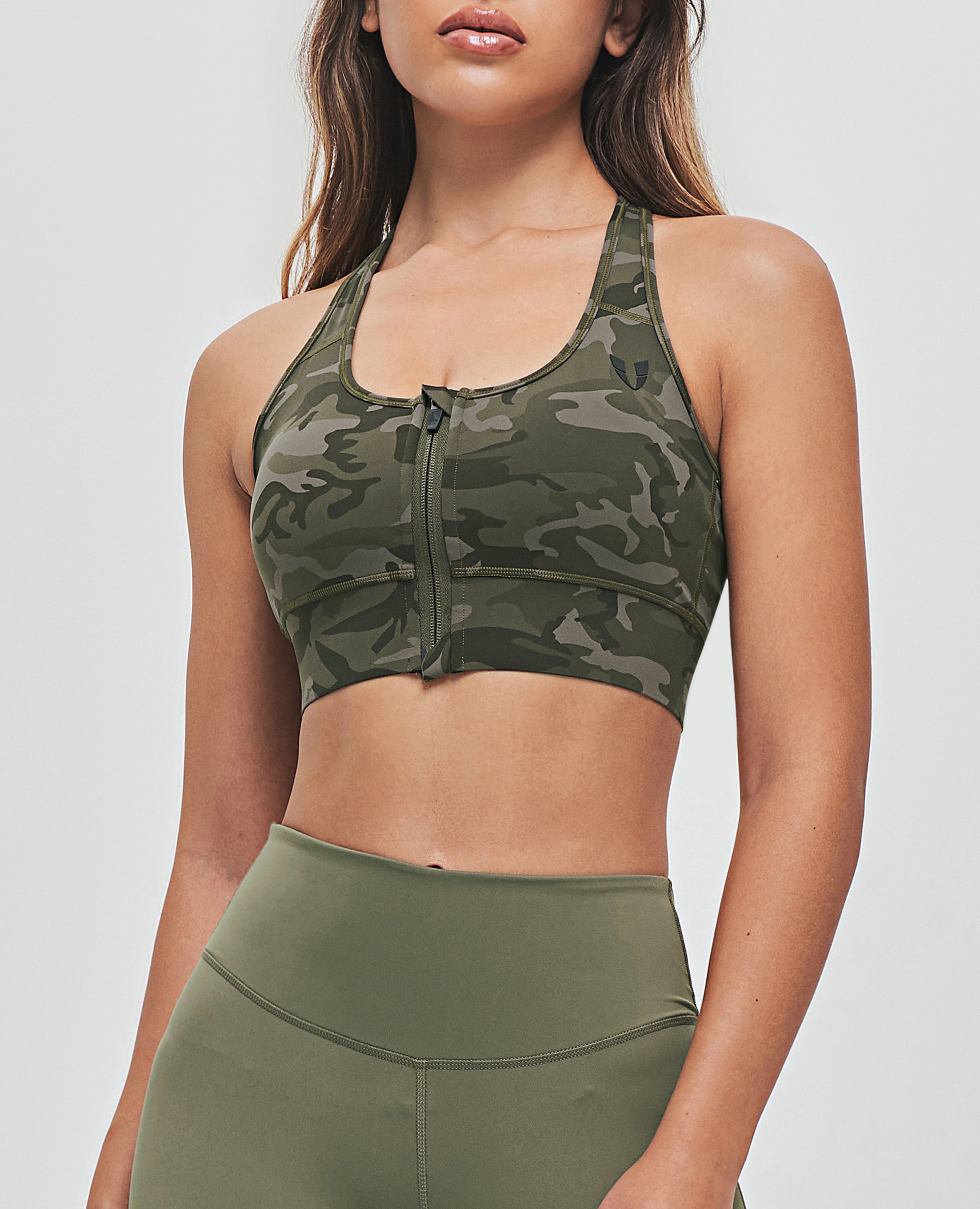FIRM ABS Zip Front Sports Bra - Green Camo