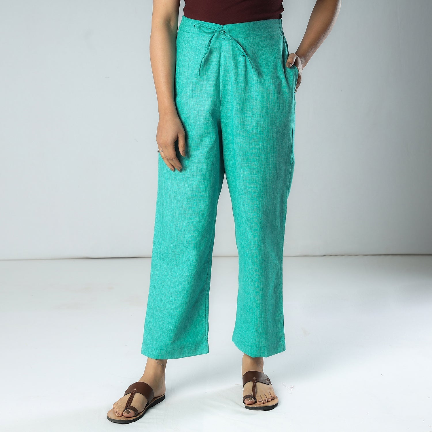 ITOKRI CASUALS Aqua Green & White Texture Plain Dyed Cotton Relaxed Fit Pant