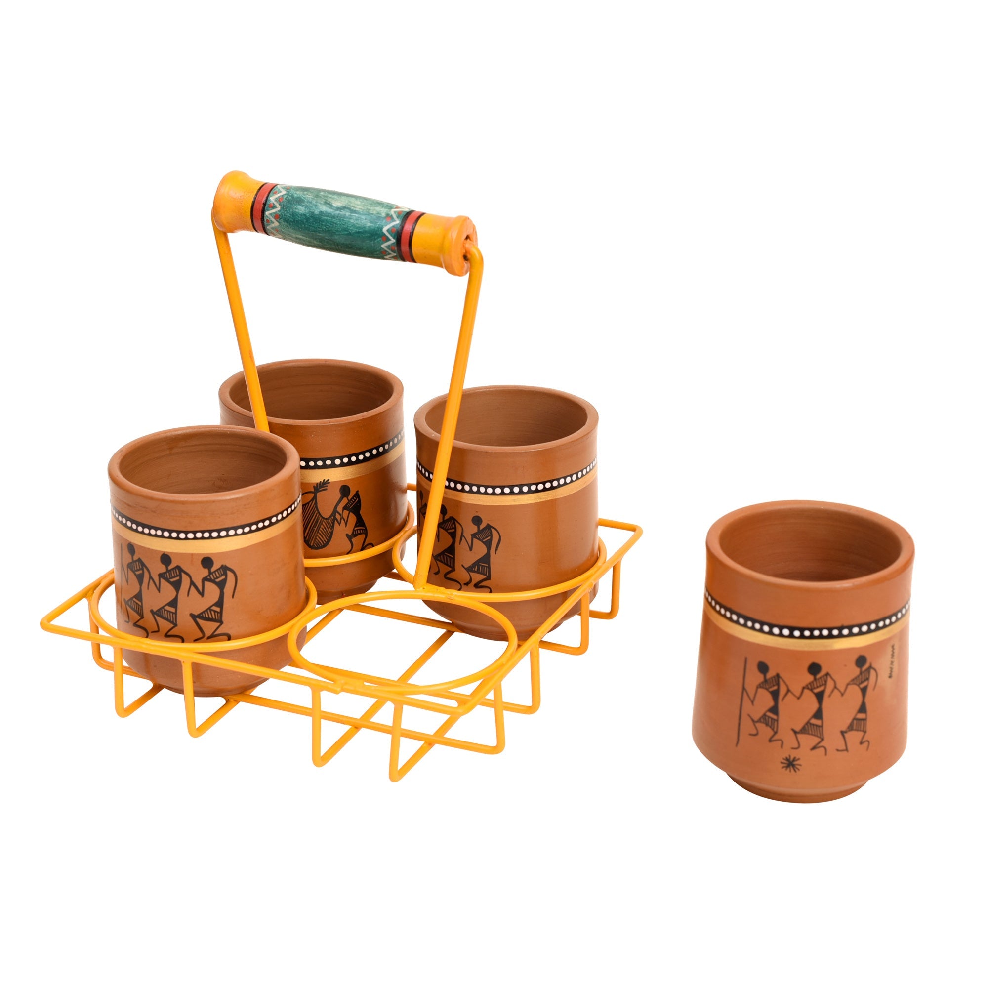 ART CREATIONS BY SUMAN SONTHALIA Brown - Ram Piyari Kullad Set (SO4) in Yellow Handpainted Metal Stand (6.7x6.7x7.5) - view 3