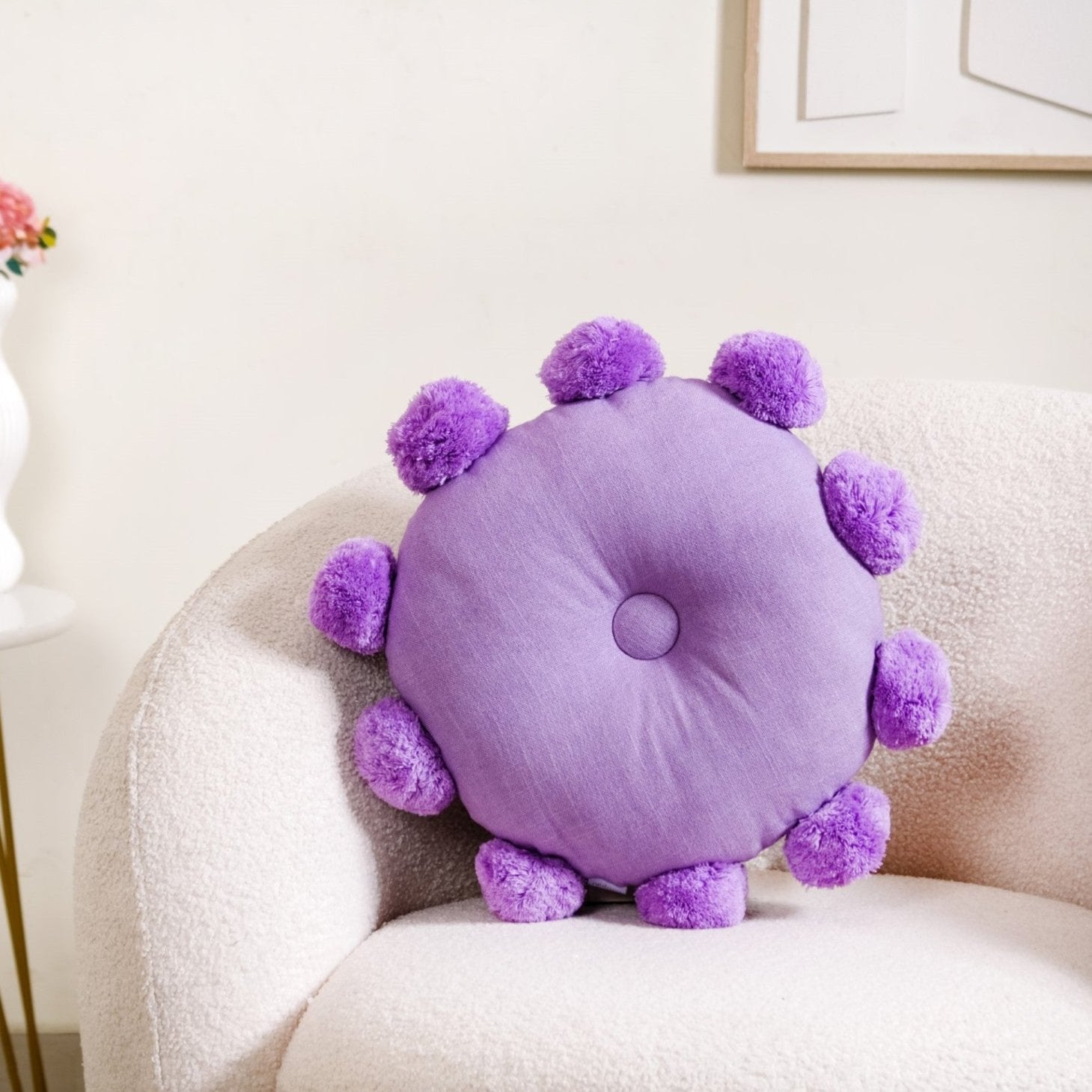 Nestasia Pom Pom Round Sofa Cushion Purple 17 Inch