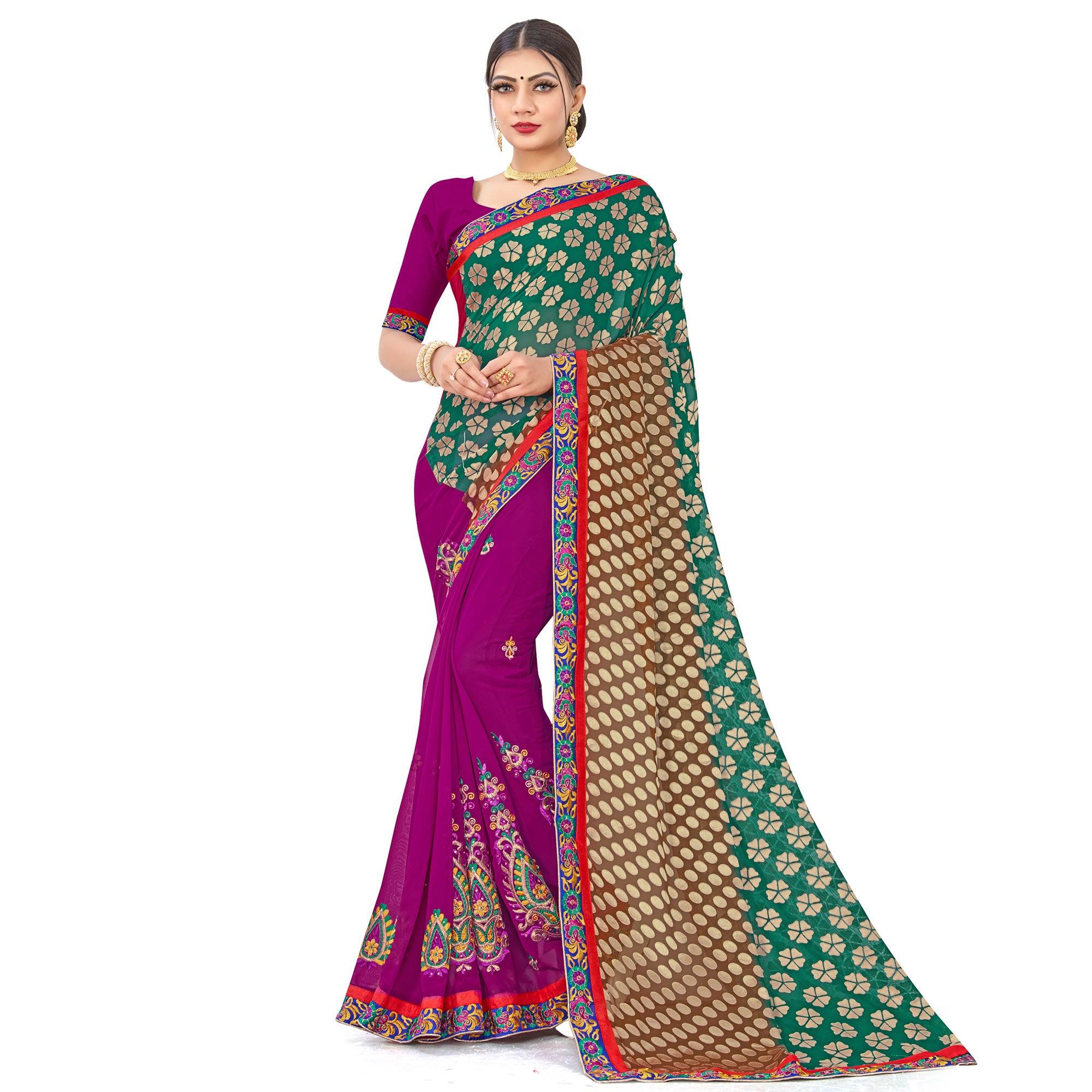 Peachmode Majesty Green-Purple Colored Party Wear Embroidered Georgette Half-Half Saree