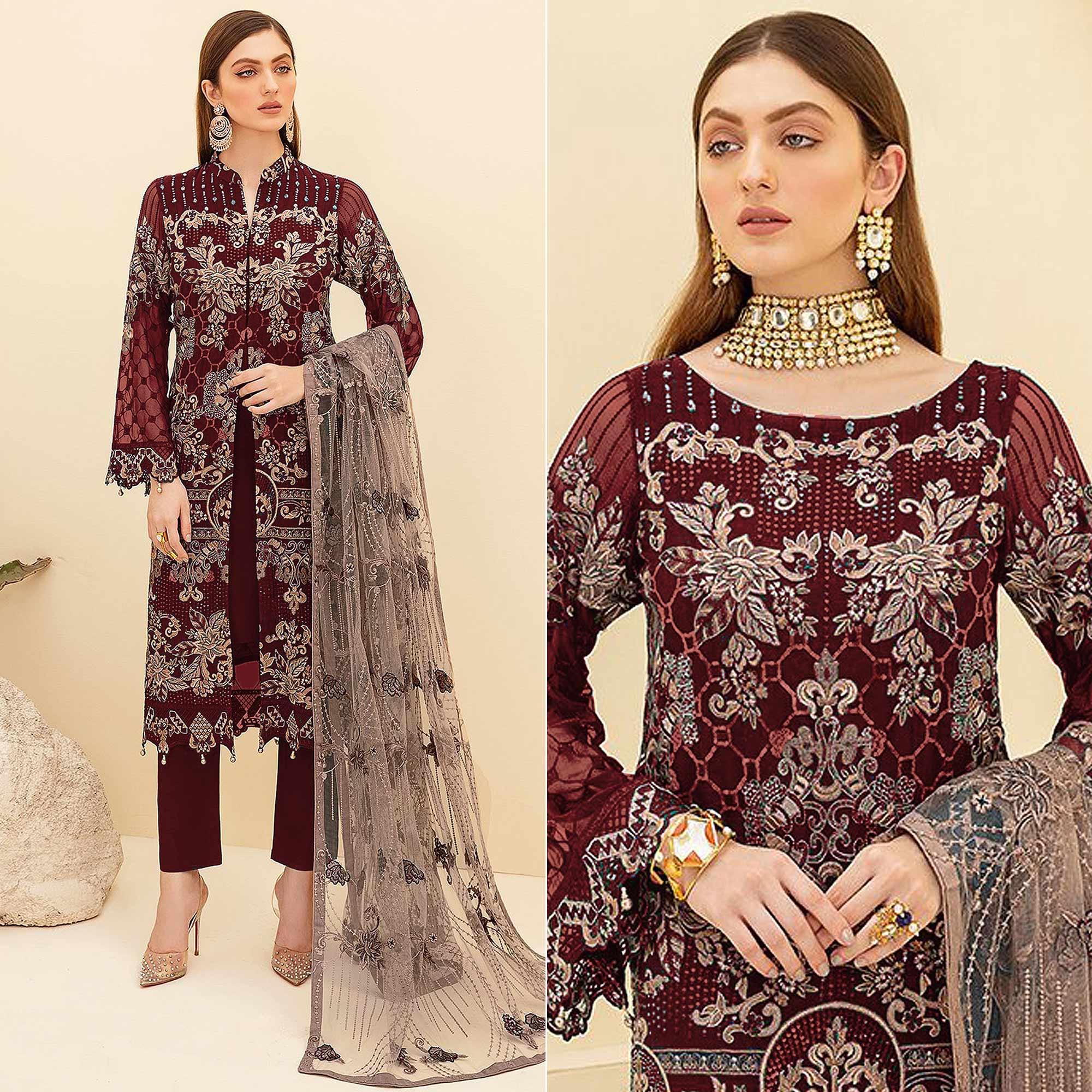 Peachmode Maroon Embroidered Georgette Pakistani Suit