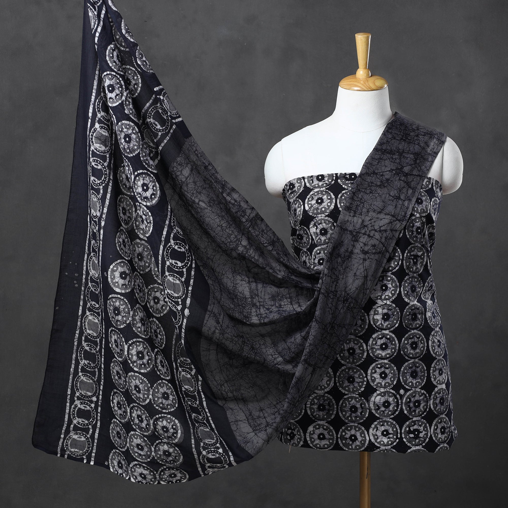 KACHCHH JI CHHAAP Black - Kutch Print 3pc Cotton Batik Dress Material 37