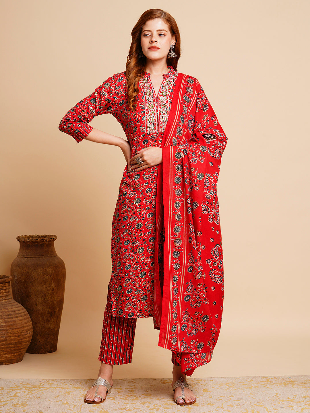 FASHOR Floral Foil Printed & Embroidered Straight Kurta with Pant & Dupatta - Red